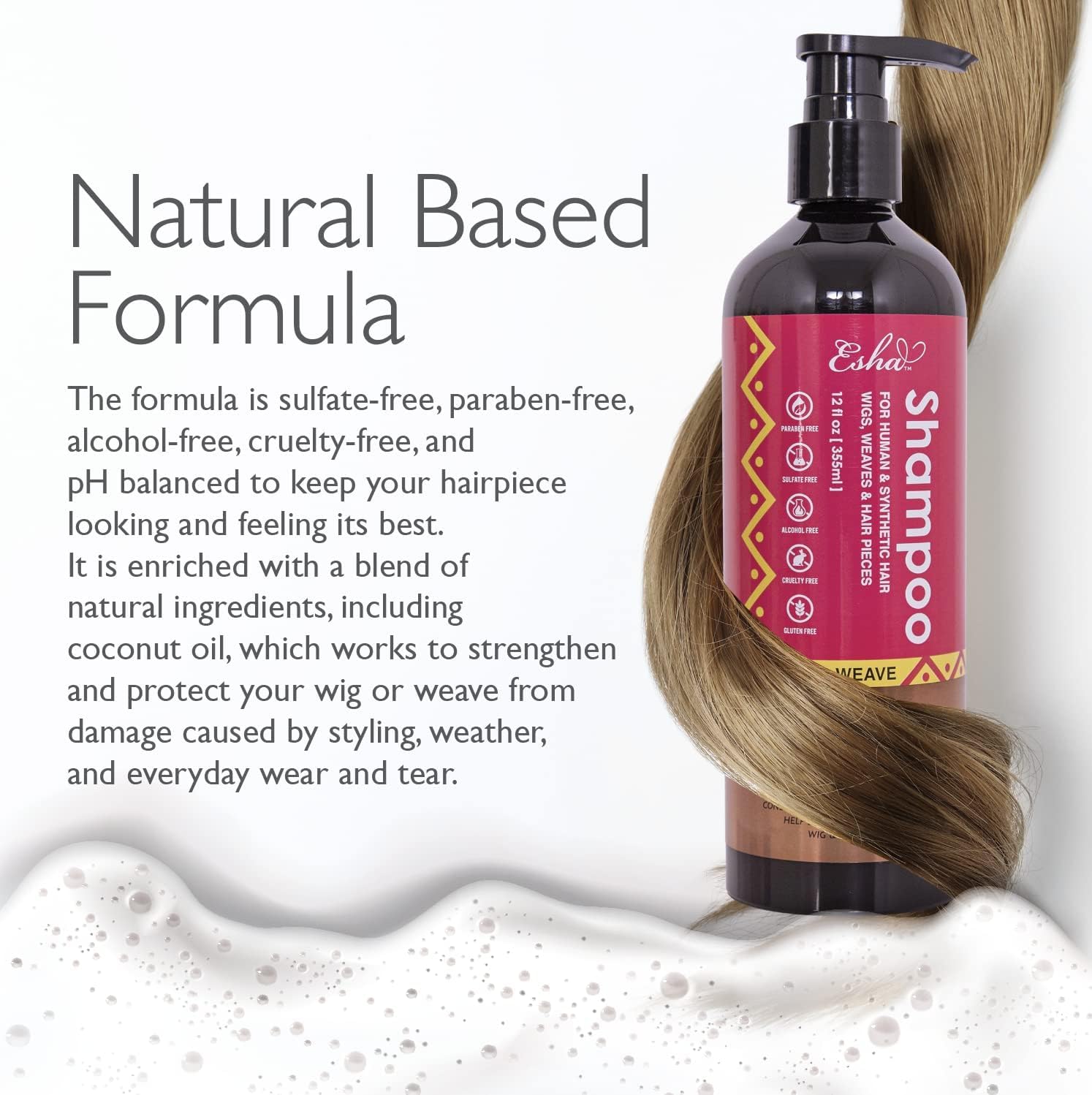Esha Wig & Weave Revitalizing Shampoo – Human Hair & Synthetic Wigs, Weaves, Extensions & Braids I Coconut Oil Infused, Sulfate-Free I Restores Moisture & Shine, 4 fl oz