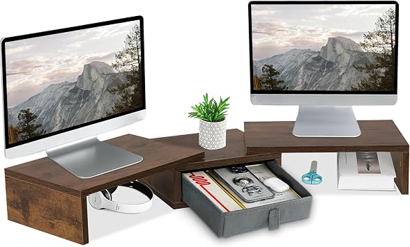 TEAMIX 3 Shelf Monitor Stand Riser With Drawer - Length and Angle Adjustable Dual Riser With Storage Corner Desk Shelf Organizer Large Computer Stand for 2 Monitors/Laptop Brown, 1 Drawer