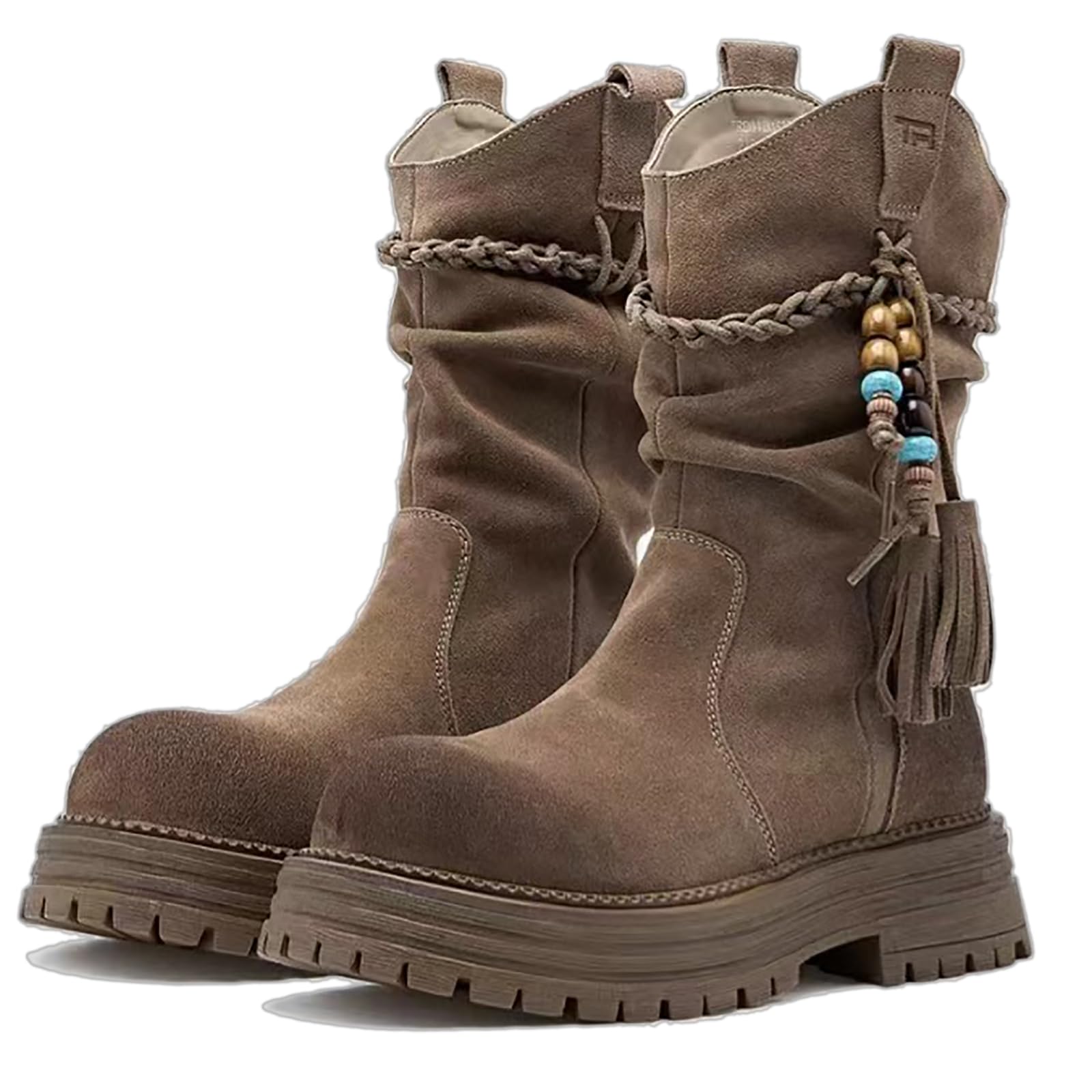 Womens Suede Braided Fringe Strap Platform Chunky Heel Slouchy Mid-Calf Boots Autumn Winter Pull-On Lug Sole Low Block