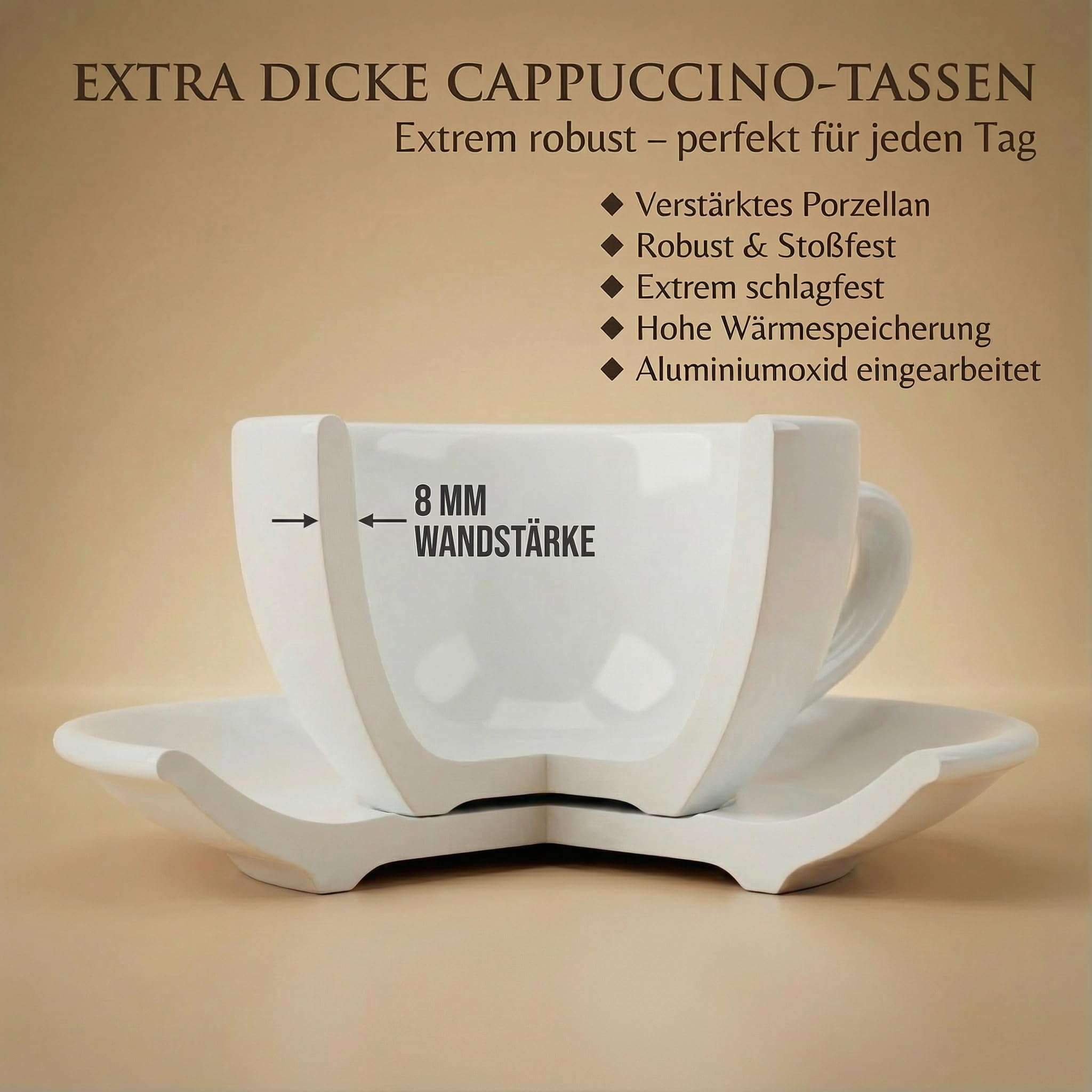 6x Cappuccinotassen | Weiß | Italian Style | dickwandig & schwer | spülmaschinenfest | Cappuccino 6er Set mit Untertassen - Geschenkset