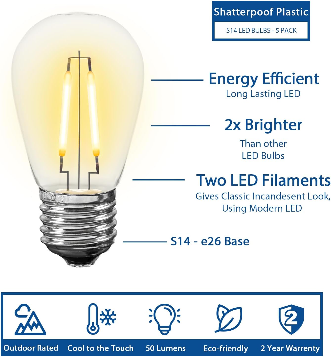 Novelty Lights Outdoor String Light Dual-Filament Replacement Bulbs, 25 Pack S14 LED Edison Shatterproof Plastic, E26 Base, 30,000-Hour Lifespan, 2200K Warm White