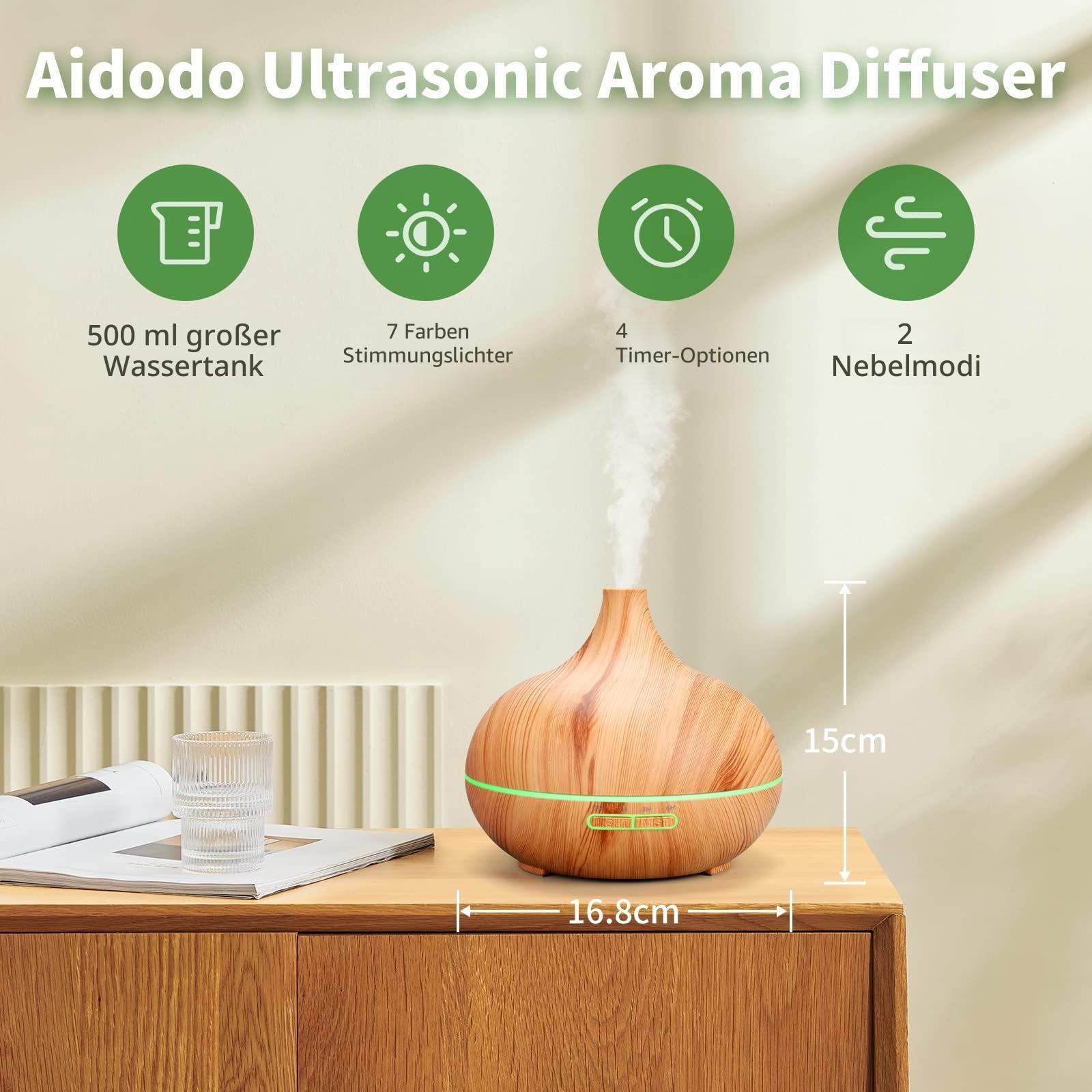 500ml Aroma Diffuser, Diffusoren für ätherische Öle, Aromatherapie-Diffusoren mit 7 LED-Leuchten, 2 Nebelmodi, 4 Timer, 23dB Luftbefeuchter Ultraschall Wasserloser Automatischer Abschaltung Gelb