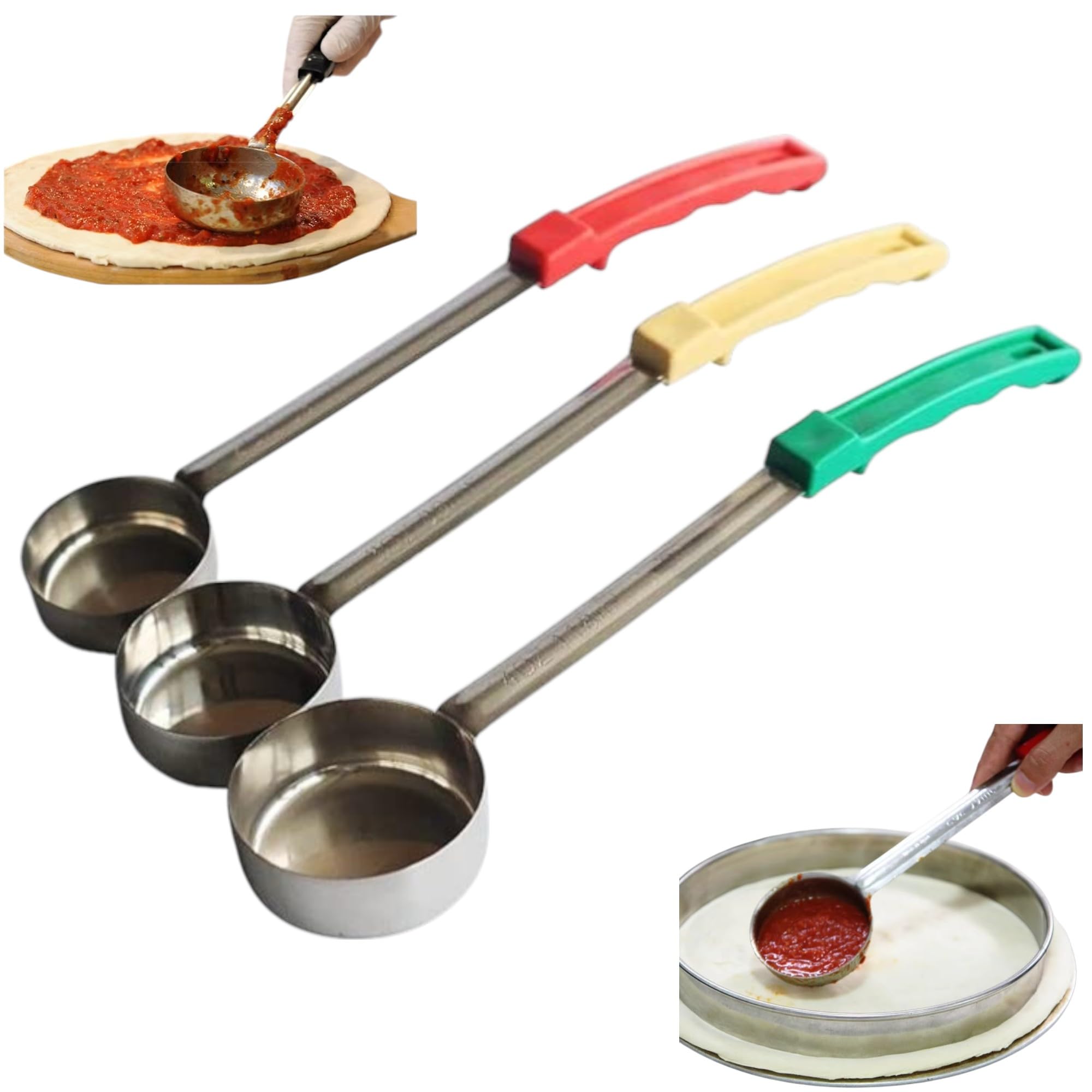 thw® 2 3 and 4 ounce solid stainless steel portion control ladle spoon measuring and serving scoop, bundle of 3 commercial grade serving scoops/spoodle for pizza [pack of 3]