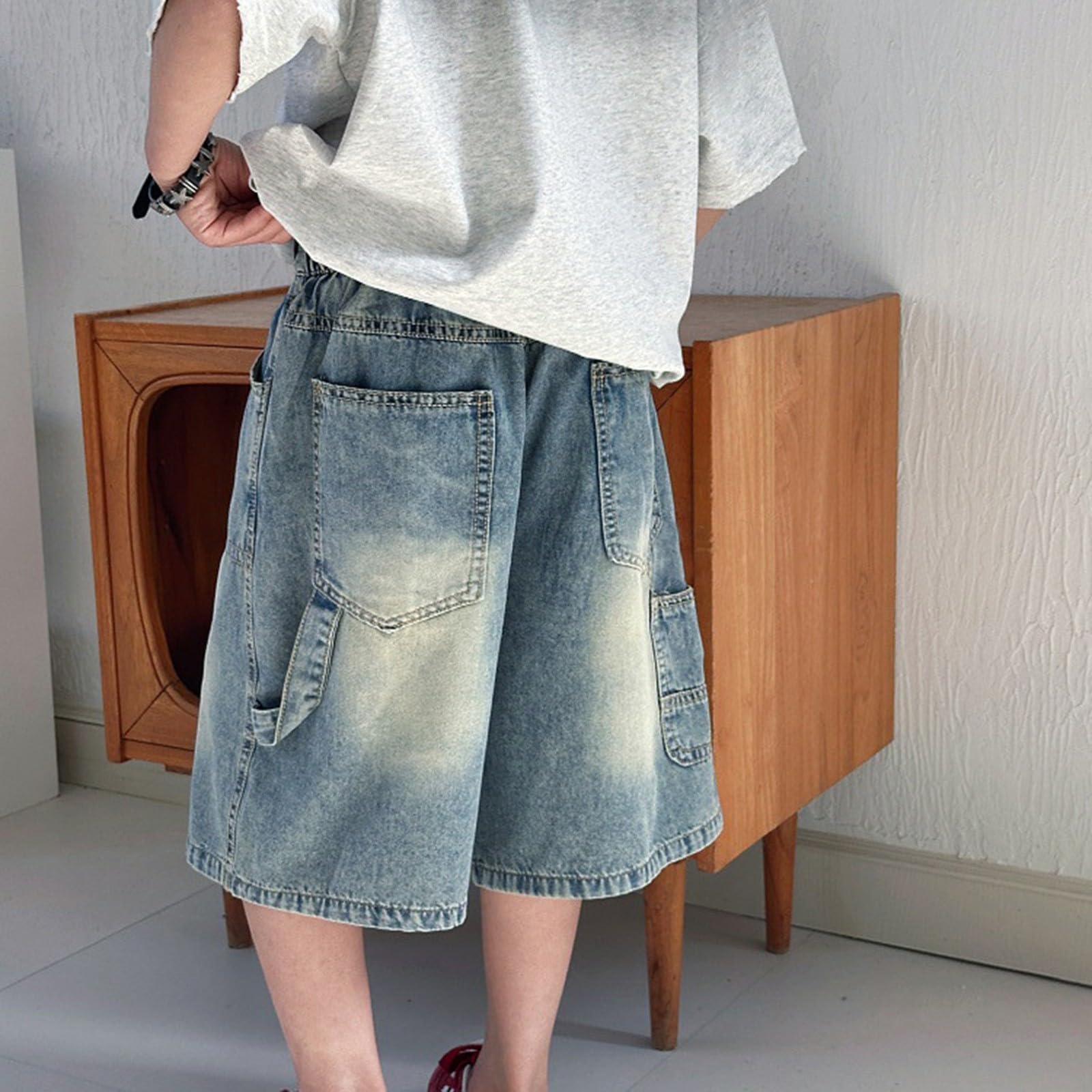 Pantalones cortos de mezclilla holgados para niños, informales, cintura elástica, estilo cargo, pierna ancha, pantalones cortos de mezclilla para verano, rectos, hasta la rodilla, para