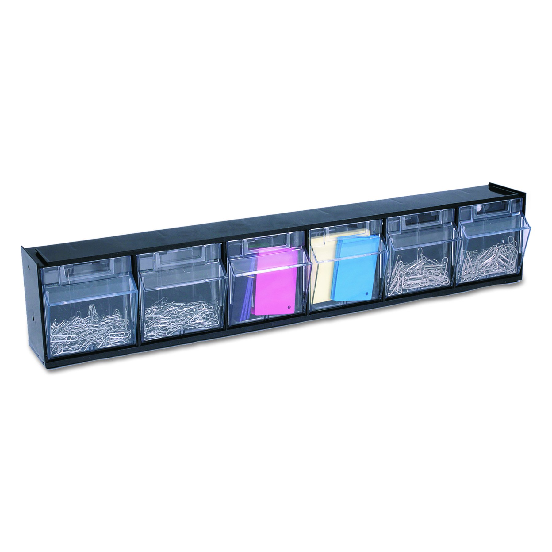 Deflecto 20604OPU Six-bin horizontal tilt bin storage system, 23-5/8w x 3-5/8d x 4-1/2h, black