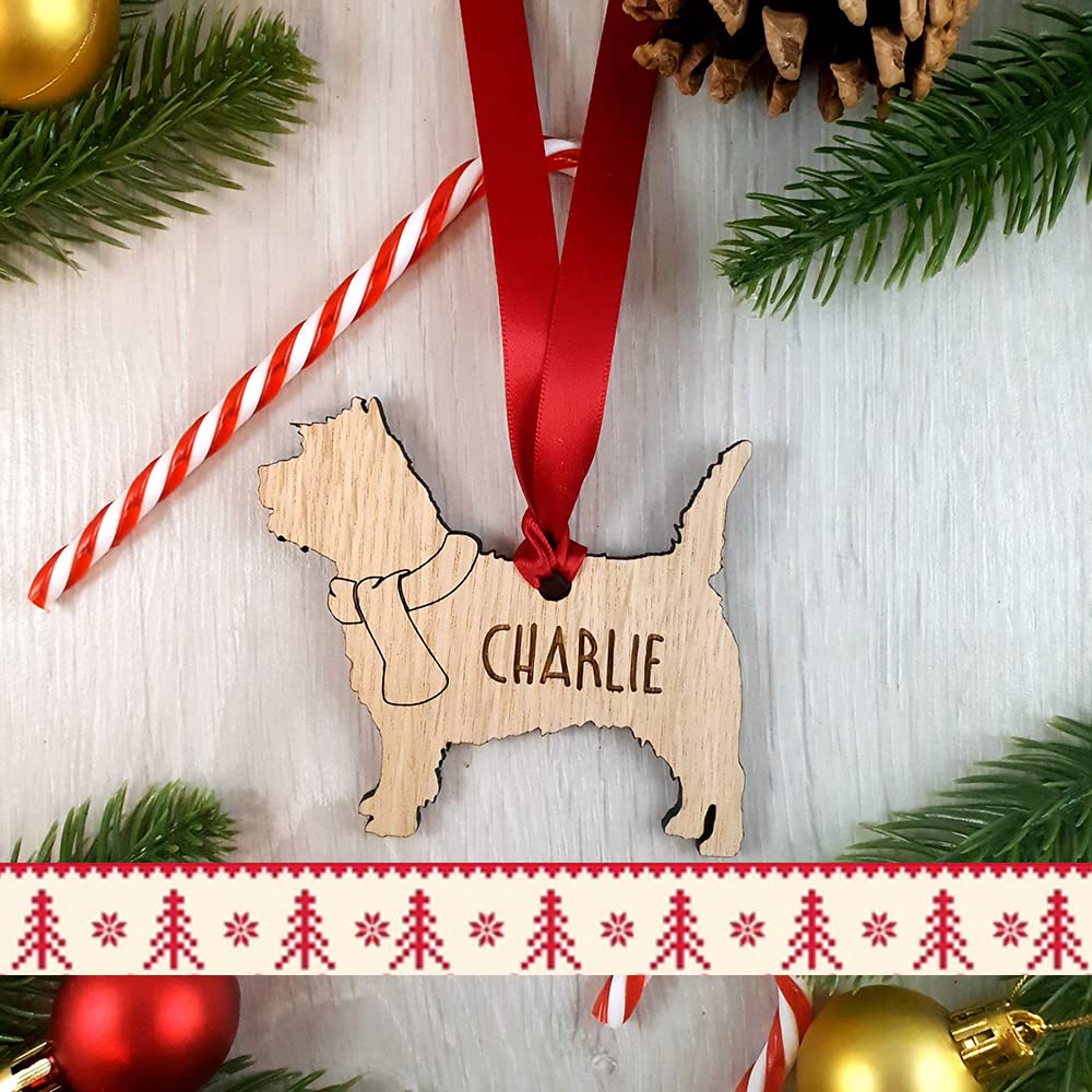My Pretty Little Gifts Wood Personalised Cairn Terrier Dog Decoration Oak Bauble - Christmas Tree Gift Pet Xmas