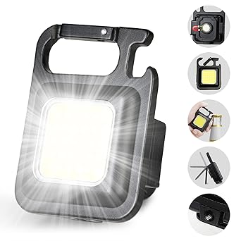 DOTCOM LED Mini Cob Keychain and Magentic Flashlight Portable USB Rechargeable Light 3 Light Modes with Folding Bracket,for Walking Camping?Square?,Black, 1000 Lumen - image, photos