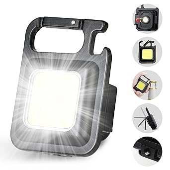 Dotcom LED Mini COB Keychain and magentic Flashlight Portable USB Rechargeable Light 3 Light Modes with Folding Bracket,for Walking Camping Square