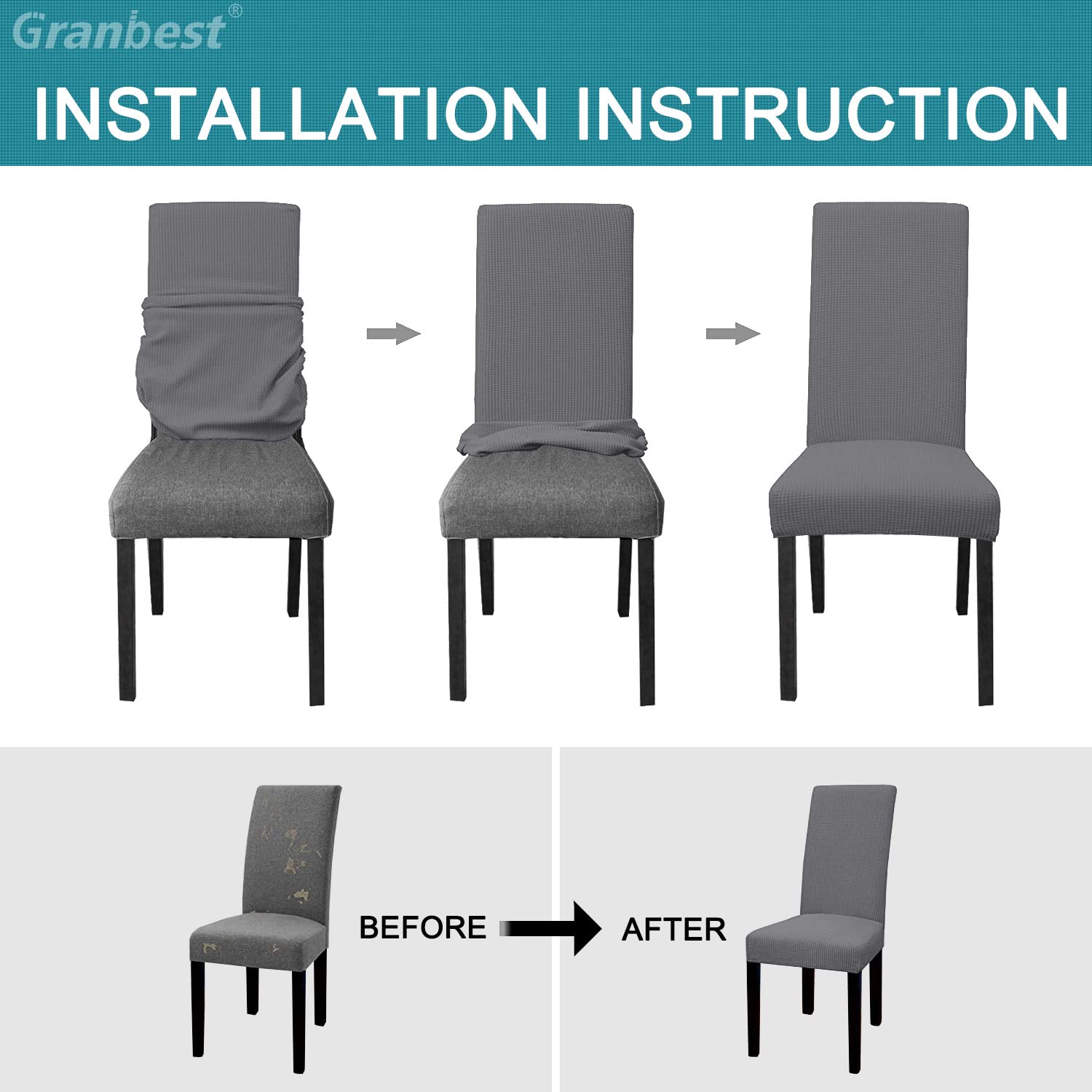 Granbest Lot de 6 housses de chaise de salle à manger à dossier haut imperméables, élastiques et lavables - Protection amovible pour chaises de salle à manger, cuisine, fête (gris clair)