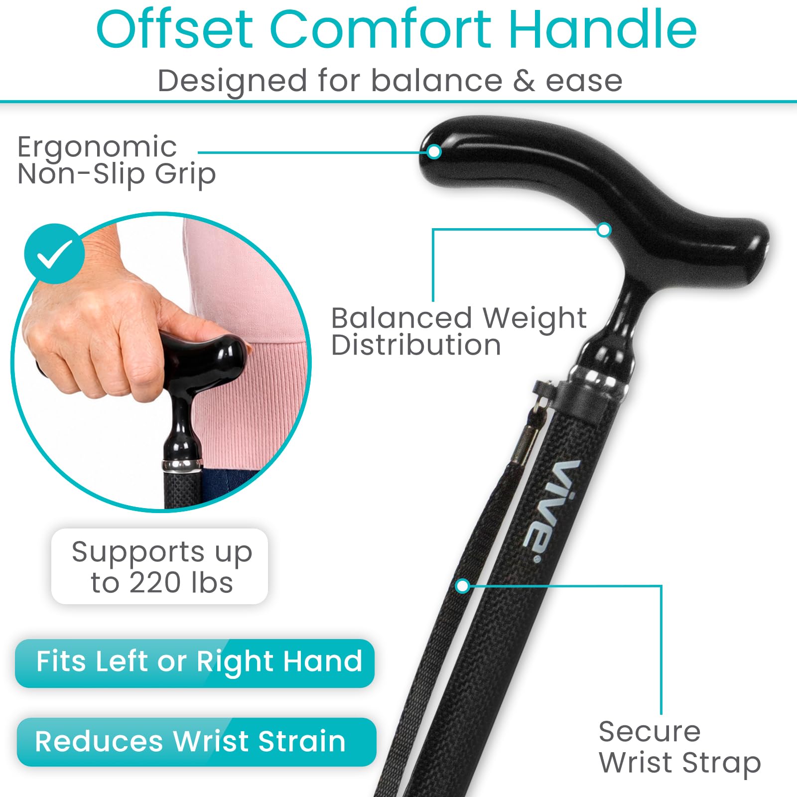 Vive Quad Cane - Bastón ligero de fibra de carbono para hombres y mujeres - Mango ergonómico ajustable - Puntas de goma antideslizantes de cuatro puntas para soporte de estabilidad derecha e izquierda