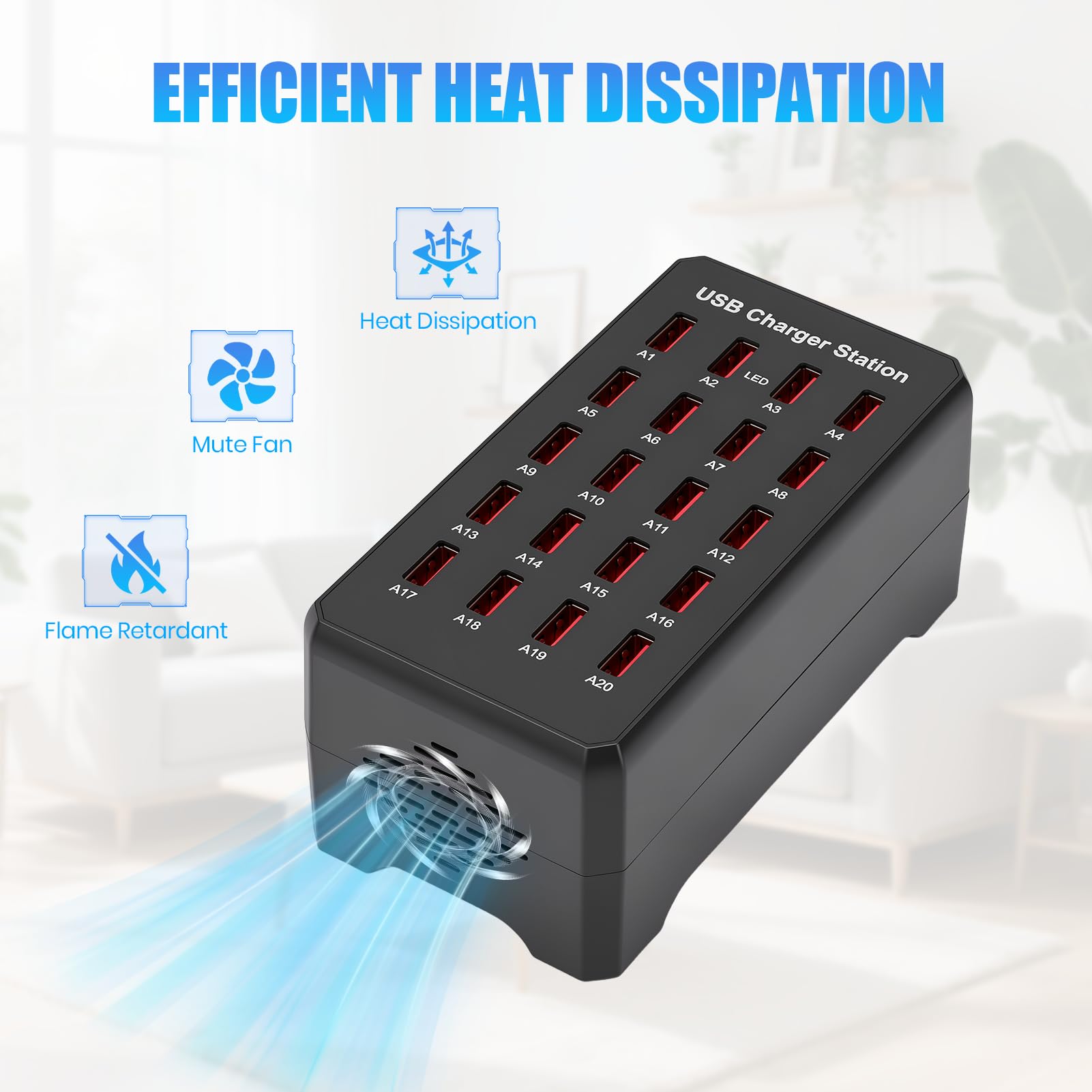 Stazione di Ricarica USB a 20 Porte, 100W Caricatore USB multiplo per Casa | Per Hotel Ufficio Viaggi Trasmissioni In Diretta, alimentatore USB da Tavolo per Telefono Tablet Cuffie Orologi