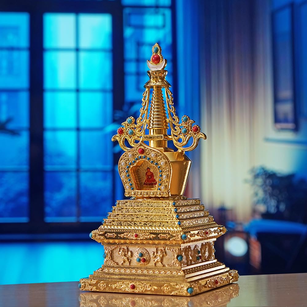 zenmood Stupa tibetana de aleación de aluminio dorado, 24 cm, decoración de santuario budista con incrustaciones de piedras preciosas intrincadas