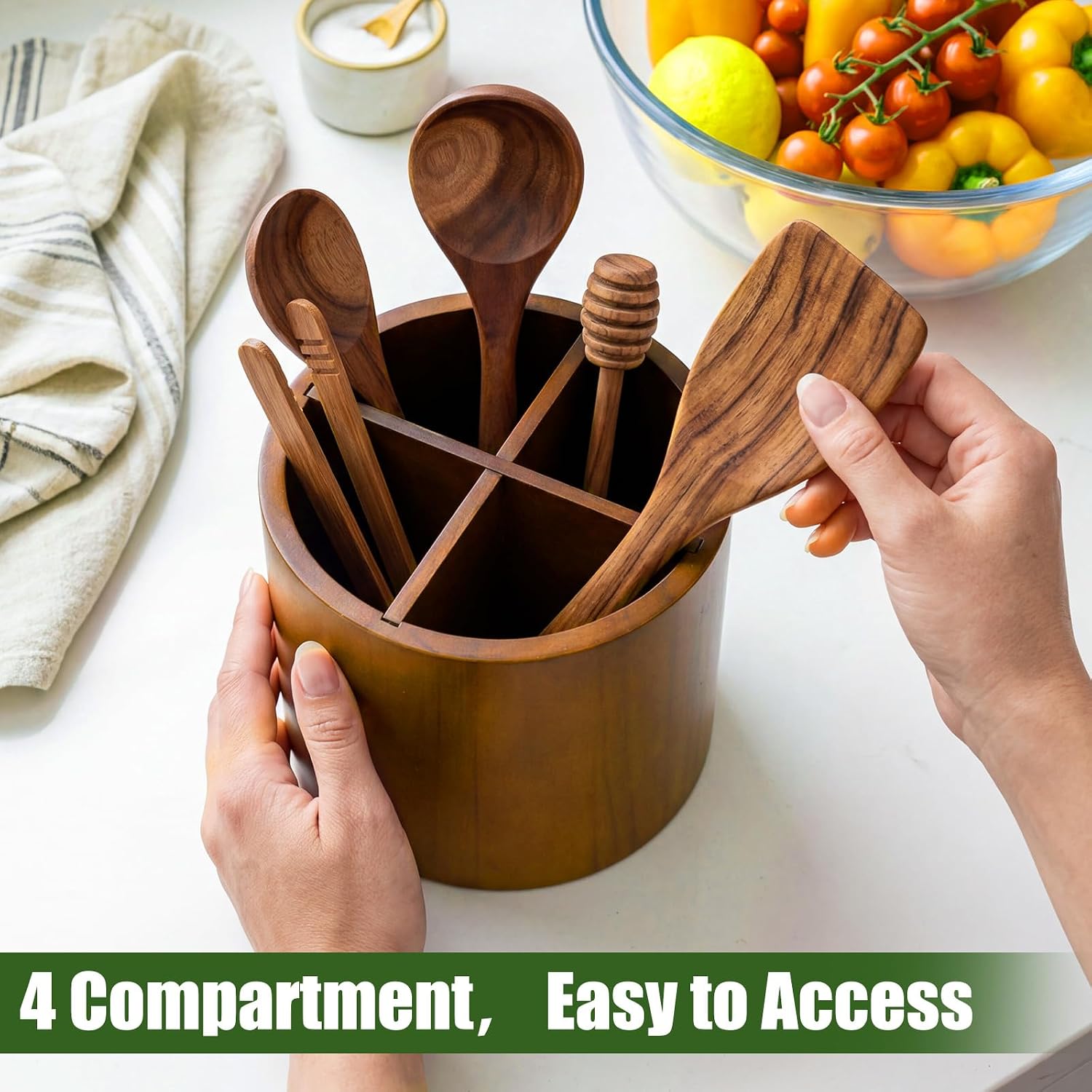 Thenshop Wood Utensil Holder for Kitchen Counter 360° Swivel 7" x 6.3" Large Cutlery Rack Kitchen Appliance Organizer 4 Compartments Farmhouse Countertop Decoration for Spoons Forks Cooking Tools
