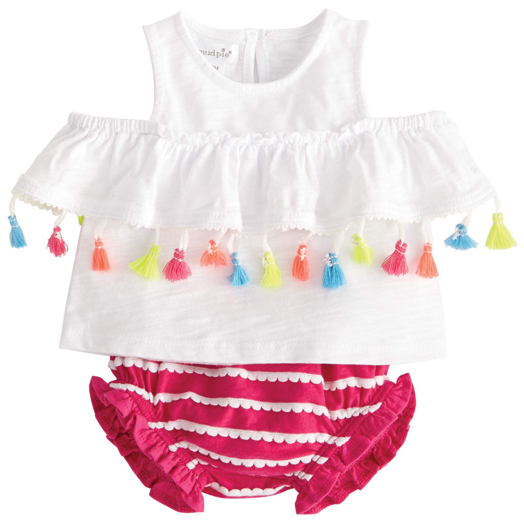 Mud Pie Baby Girls Tassel Pinafore Cold Shoulder 2 Pc Play Set & Bloomers, White, 3-6 Months