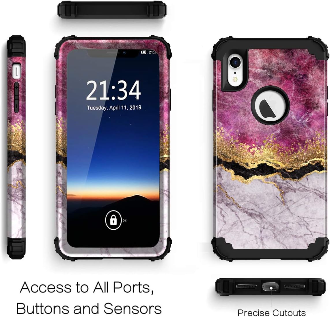 Hocase for iPhone XR Case, Heavy Duty Shockproof Protection Soft Silicone Rubber+Hard Plastic Bumper Hybrid Dual Layer Protective Case for iPhone XR (6.1-inch Display) 2018 - Purple White Marble