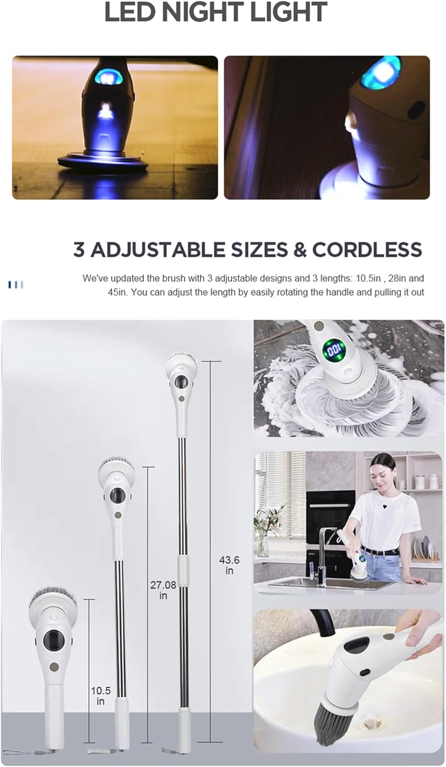 Brosse de Nettoyage Électrique avec 8 Têtes Interchangeables et Manche Télescopique - Nettoyage Sans Effort - Description