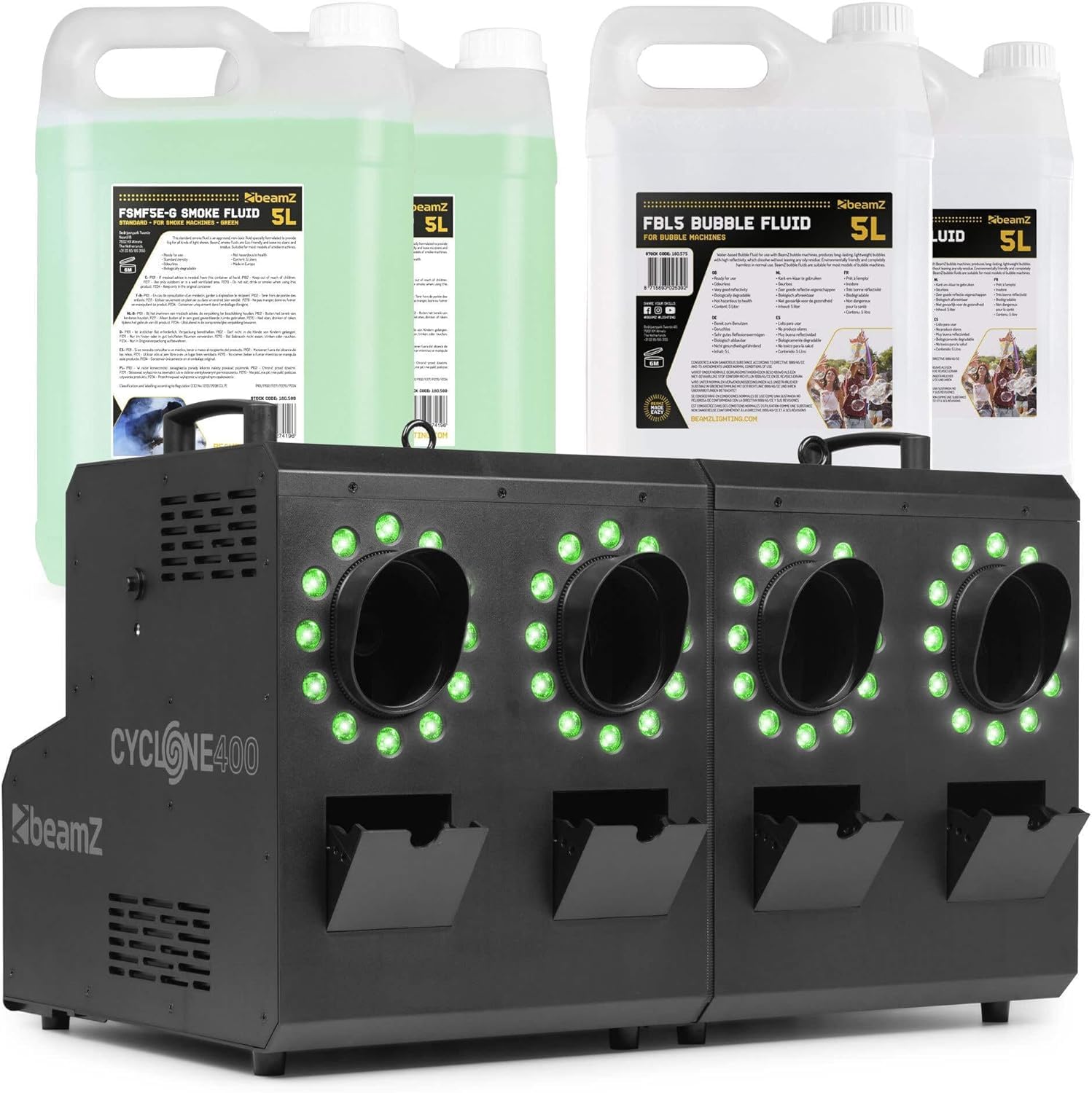 BeamZ Cyclone400 Pack Machine à Fumée et à Bulles 2-en-1 avec 48 LEDs RGBW, 10L de liquide à fumée et 10L de liquide à bulles inclus