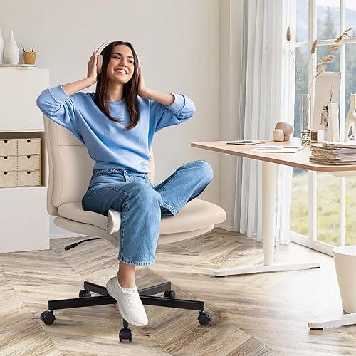 Miniatura 3 de LUCKWIND Silla de escritorio de oficina sin brazos con ruedas, silla de trabajo giratoria cruzada con espalda media, silla de tocador acolchada de