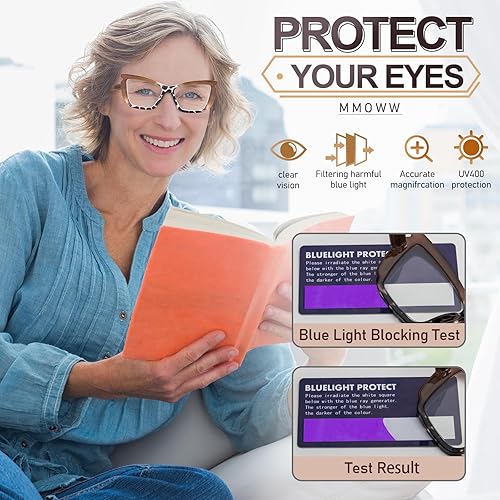Miniatura 7 de MMOWW Gafas de lectura de ojo de gato para mujer, paquete de 3 unidades, a la moda, con bloqueo de luz azul, para lectura de computadora con bisagra
