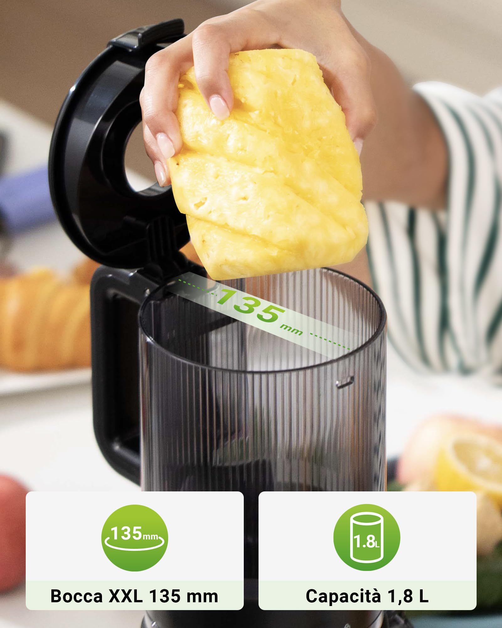 TUUMIIST Slow Juicer 135mm Extra Großem Einfüllschacht Entsafter Gemüse Obst BPA-Frei Glanzschwarz
