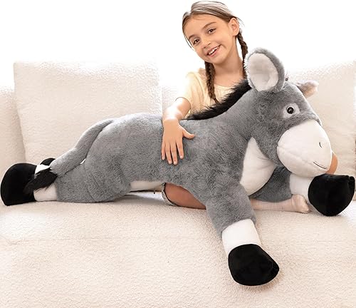 Tezituor Animal de peluche de burro gigante de 43.3 pulgadas, almohada corporal de peluche de burro suave para abrazar, juguete de peluche realista
