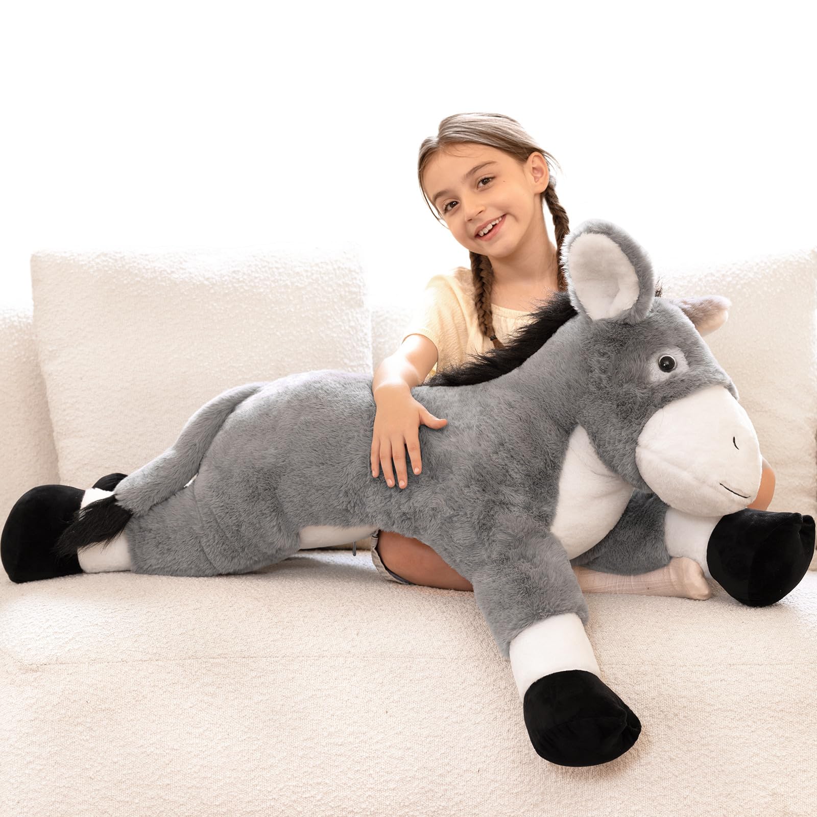 KERTA 43.3inch Giant Donkey Stuffed Animal, Hugging Soft Stuffed Donkey Plush Body Pillow, Realistic Large Farm Animal Plush Toy Gift for Kids