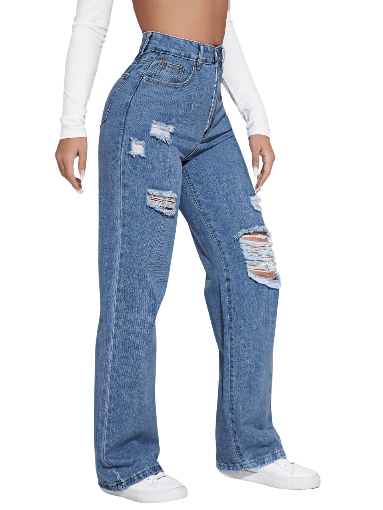 Denim Pants High Waisted Distressed Boyfriend Jeans Womens