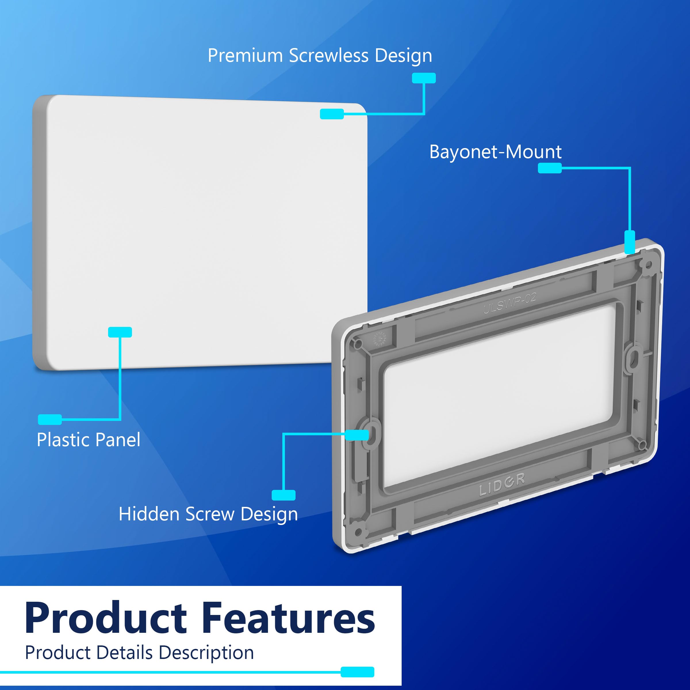 LIDER Screwless 2-Gang Blank Faceplate, Blank Plate for Wall Socket Flat Cover for 2-Gang Pattress Boxes - Image 2