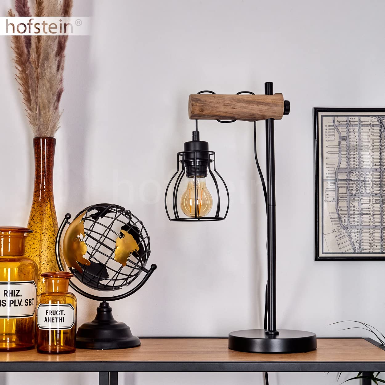 Lampe de table Gondo, lampe en métal noir et bois naturel abat jour en métal noir, disposent d'un interrupteur sur le câble, créant un effect de lumière sur le mur, 1xE27, ampoule(s) non incluse(s)