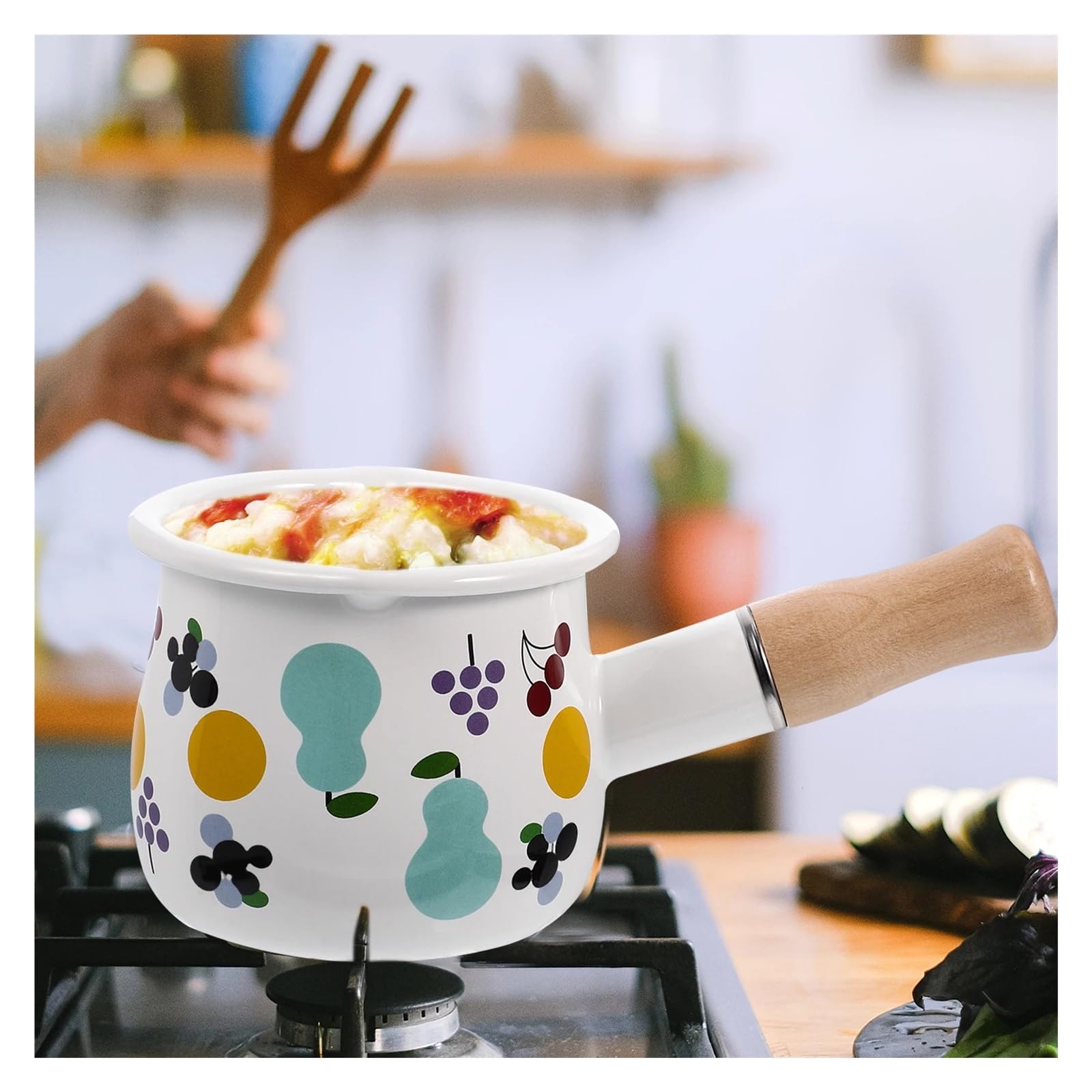 Pot à Lait en émail, Petit ustensile de Cuisine, Manche en Bois, Chauffe-Beurre, Haute température, antiadhésif, Compact, Pratique, Multifonctionnel pour la Cuisine, la Salle à Manger