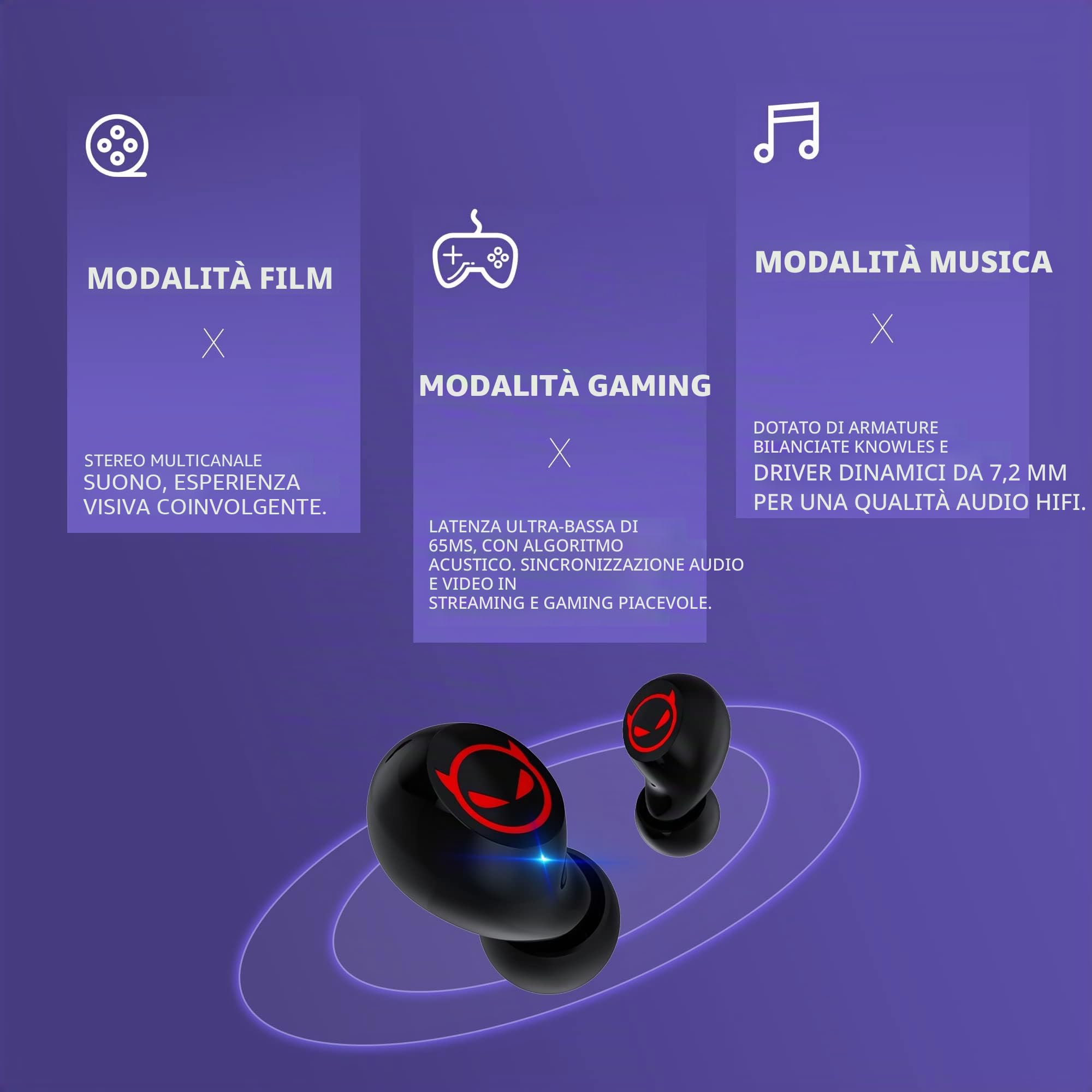auricolari wireless wireless in-ear HIFI con doppio microfono e controllo touch, 36 ore di riproduzione diavolo per un