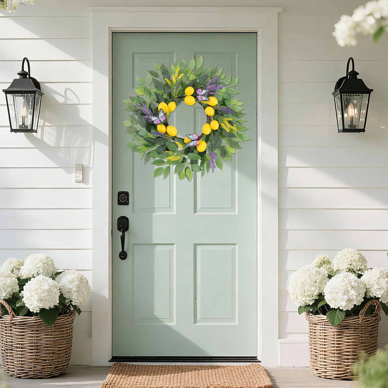 U'Artlines 24 Inch Lemon Wreath for Front Door, Spring Summer Door Wreaths with Fake Lemons Butterfly Greenery Wreath for All Seasons Window Wall Wedding Indoor Outdoor Decor