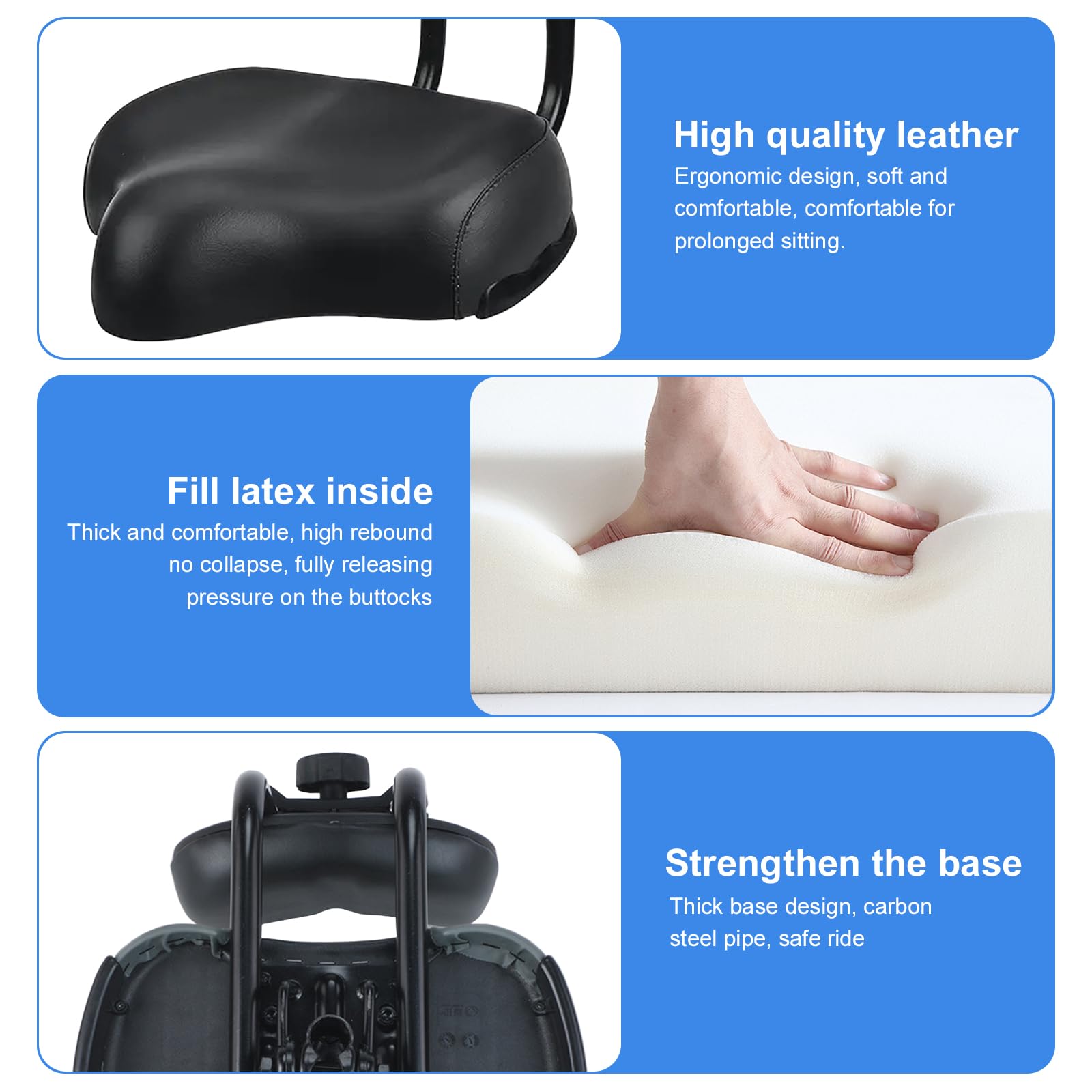 Selle de vélo surdimensionnée en cuir confortable pour vélo de ville avec rembourrage en latex, sièges confortables en cuir remplis de latex, excellente selle de vélo de rechange pour homme et femme