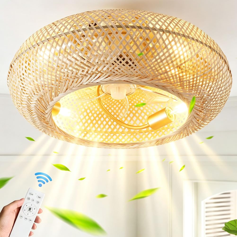 Piptyllite Nordic Rattan Ceiling Fan Light, Bamboo Woven Pendant Fan for Bedroom & Dining Room