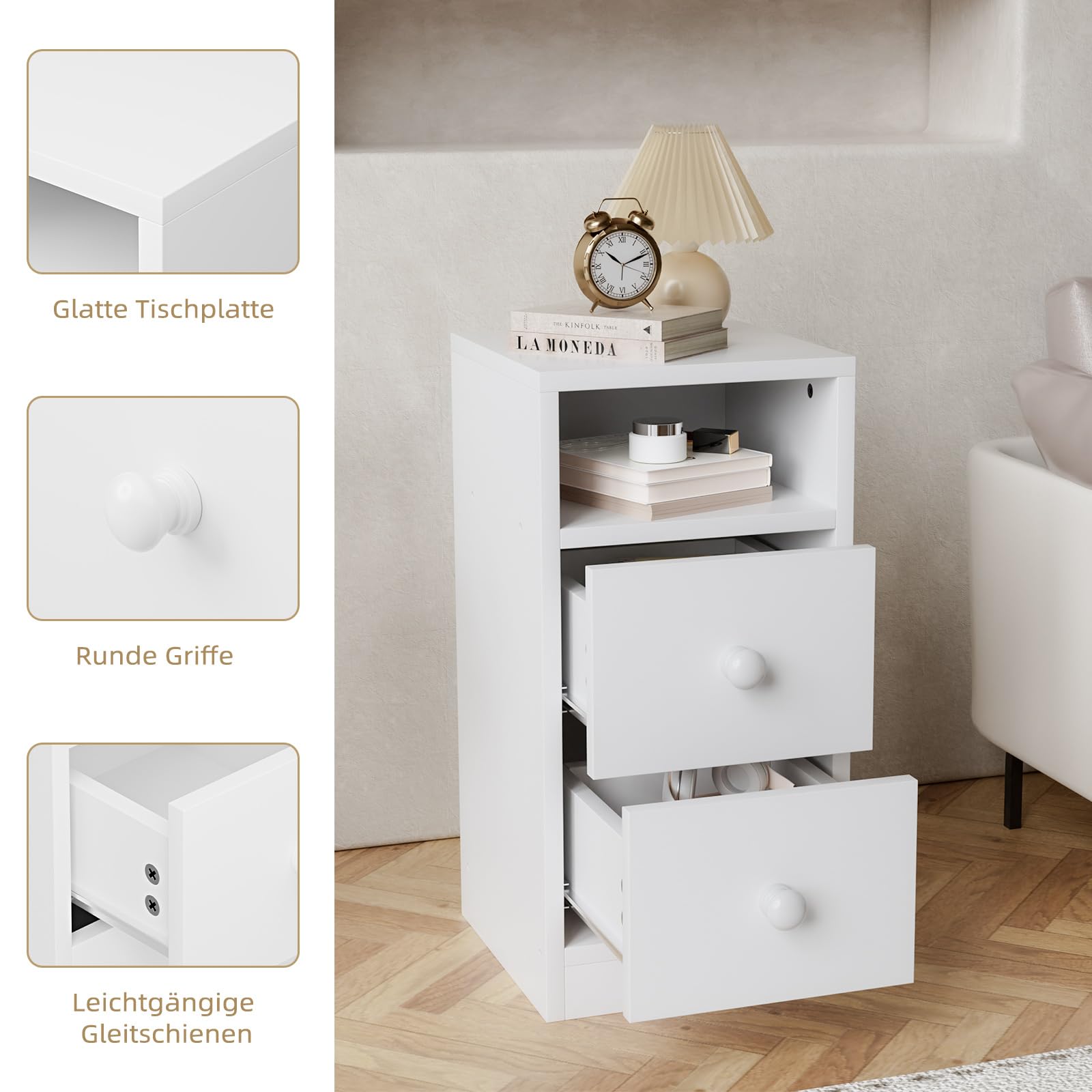Bonnlo Nachttisch Weiß 2er Set, Kommode mit 2 Schubladen, Konsolentisch Schmal mit offenem Fach, Nachtschrank Boxspringbett aus MDF mit Stauraum für Schlafzimmer, Modern, 25x30x60cm