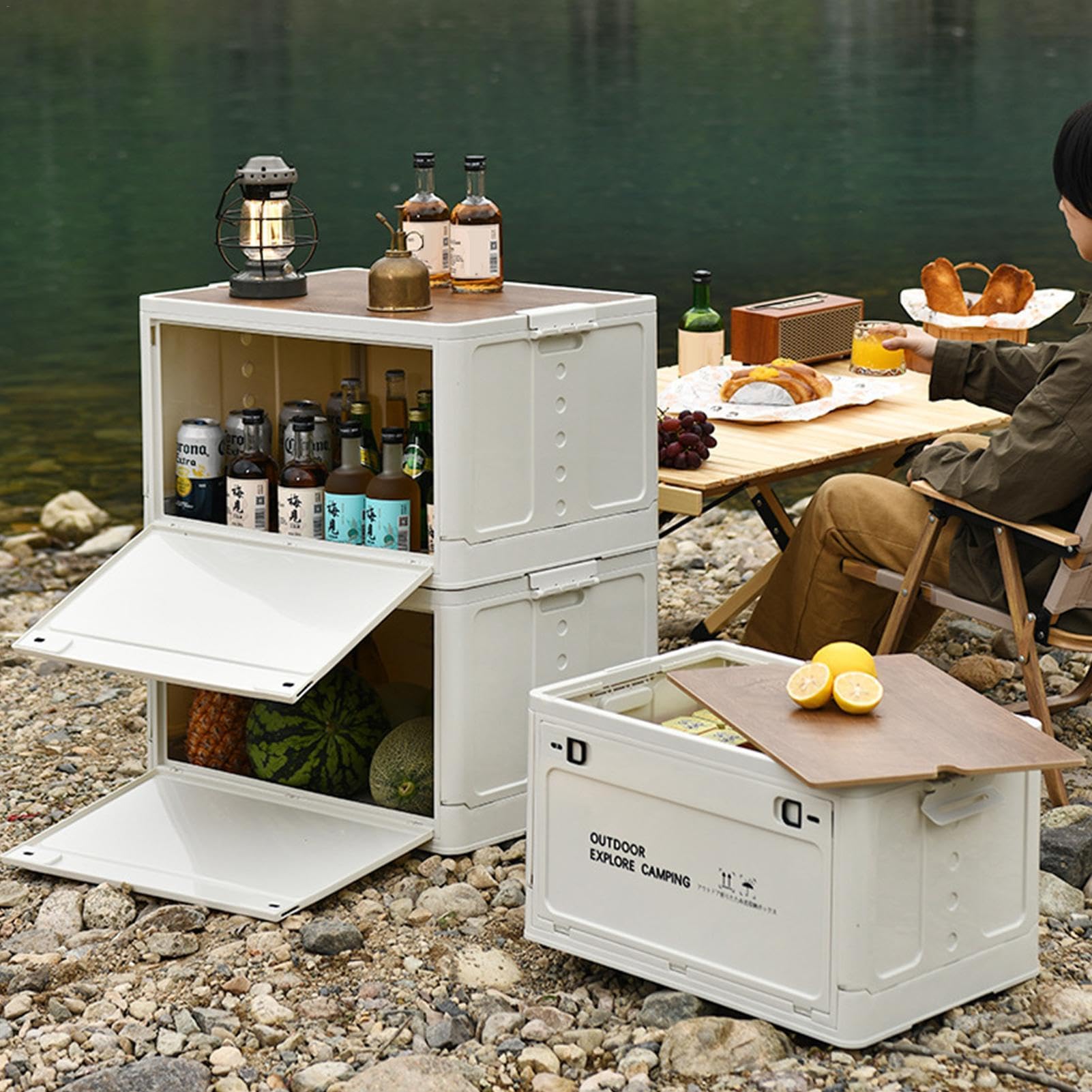 Cajas de almacenamiento plegables para camping, 30 L, con tapa, cajas de almacenamiento como mesa para exteriores, camping, coche y maletero