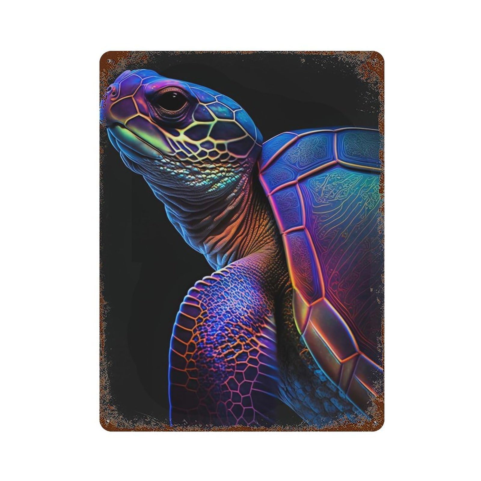Vintage Rust Metal Sign with Neon Turtle Design 15.7"x11.8", for Shed, Workshop And Garage Wall Decor, Classic Wall Plaque
