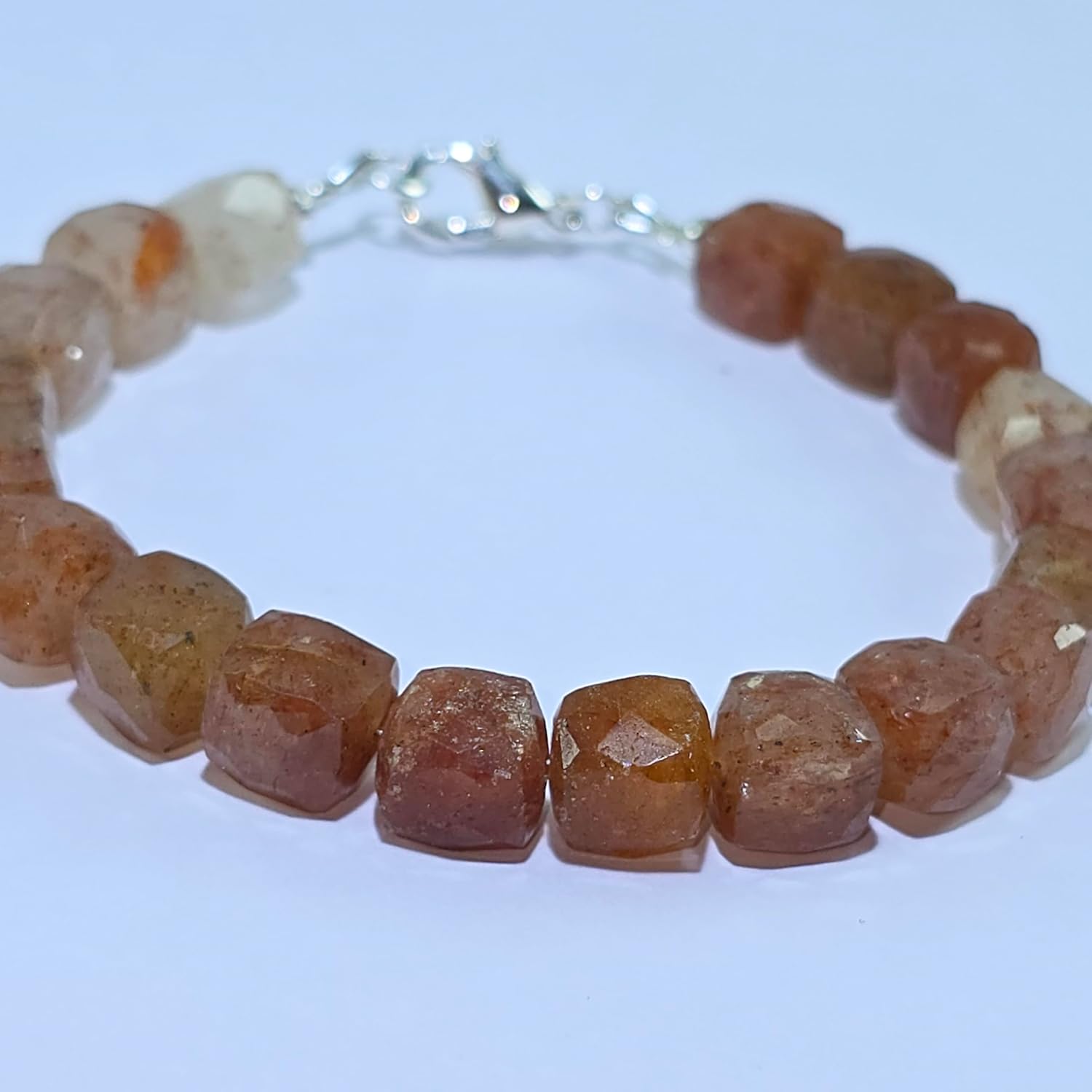 Natural cherry quartz gemstone 8mm stacking bracelet | 7 inch | orange color, box shape, faceted cut, stone | with silver plated clasp | handmade jewellry |WW_ESK_00022