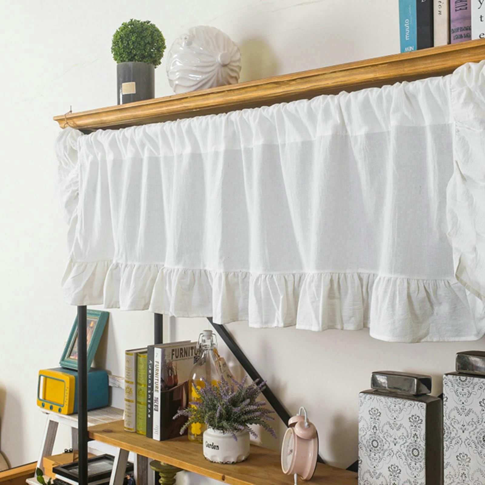 Rideau cuisine court blanc 150x45 cm en coton à volants pour fenêtre