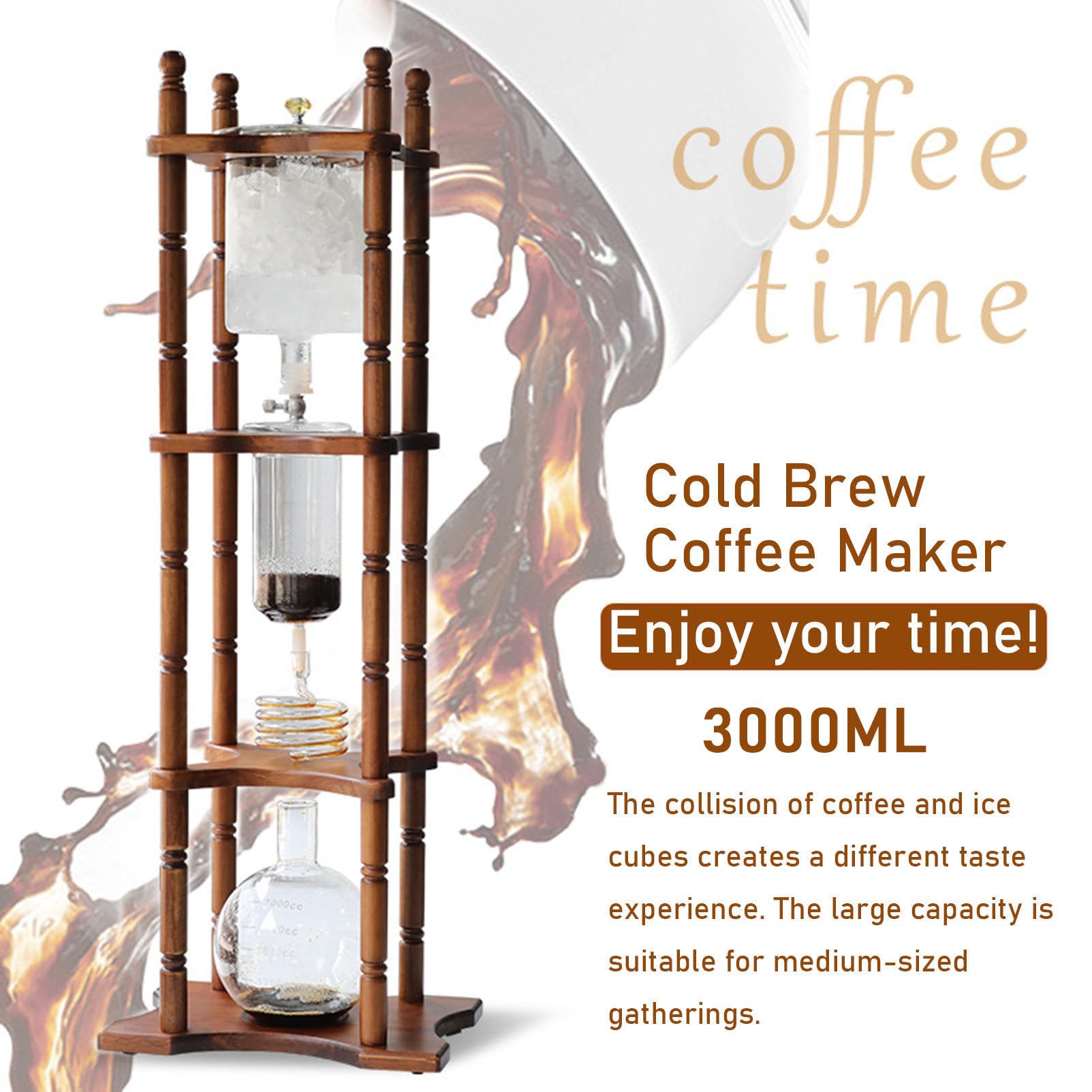 Macchina per caffè Freddo Cold Brew Dripper Pot Cold-Dripper Coffee Tower Macchina per caffè Freddo in Legno Vetro 3000 ml Marrone