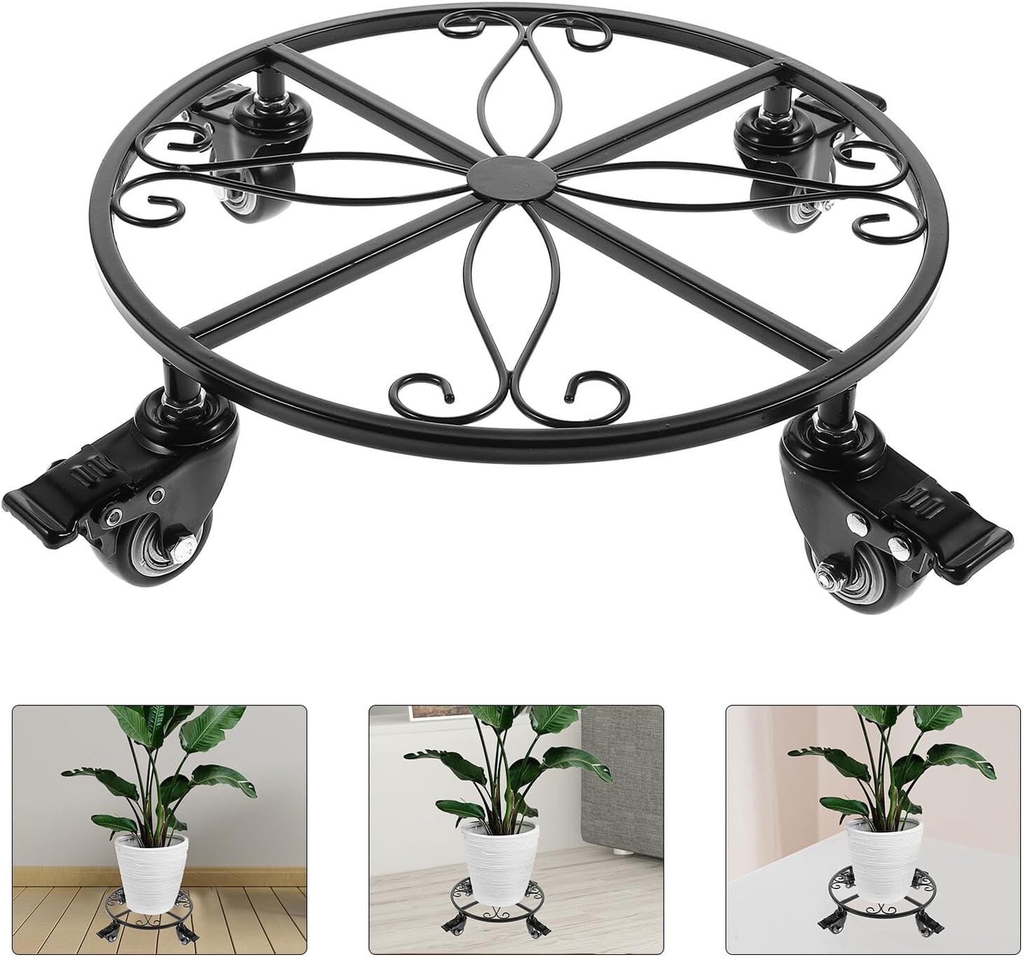 Iron Art Plant Caddy with Universal Wheels, 27cm Diameter Heavy-Duty Flower Pot Base for Indoor and Outdoor Planters, Rolling Plant Stand Suitable for Wooden Barrel and Metal