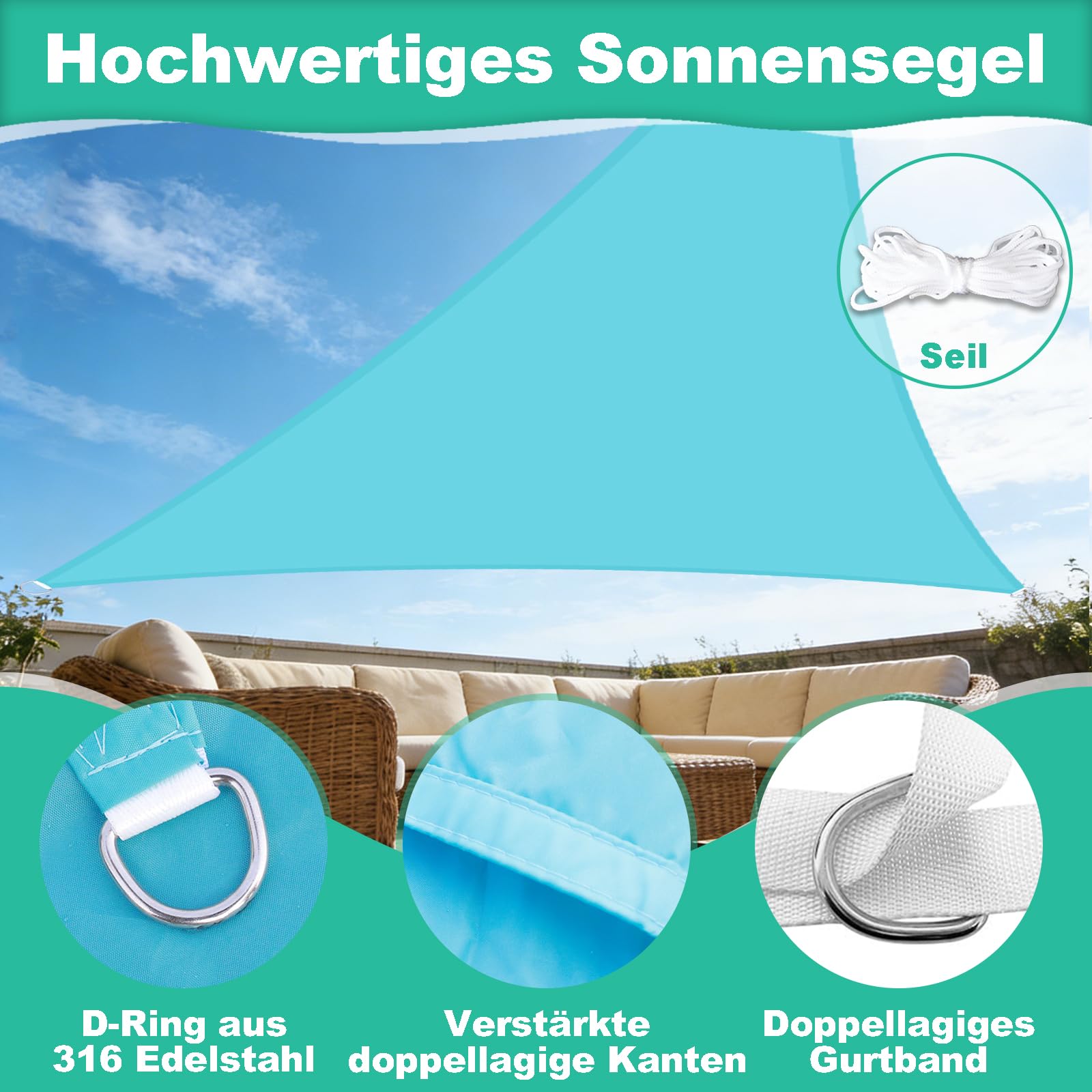 Sonnensegel Dreieckig Wasserabweisend 5x5x5m 95% UV Schutz | Wetterbeständiges Oxford Sonnenschutz Segel mit Seilen, Schattensegel für Outdoor Balkon Garten Terrasse Pergola, Himmelblau
