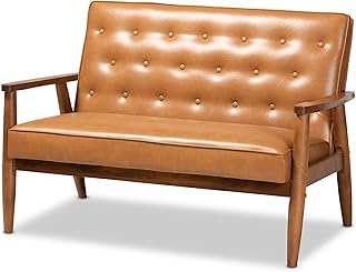 Baxton Studio Sorrento Mid-Century Modern Tan Faux Leather Upholstered and Walnut Brown Finished Wood Loveseat