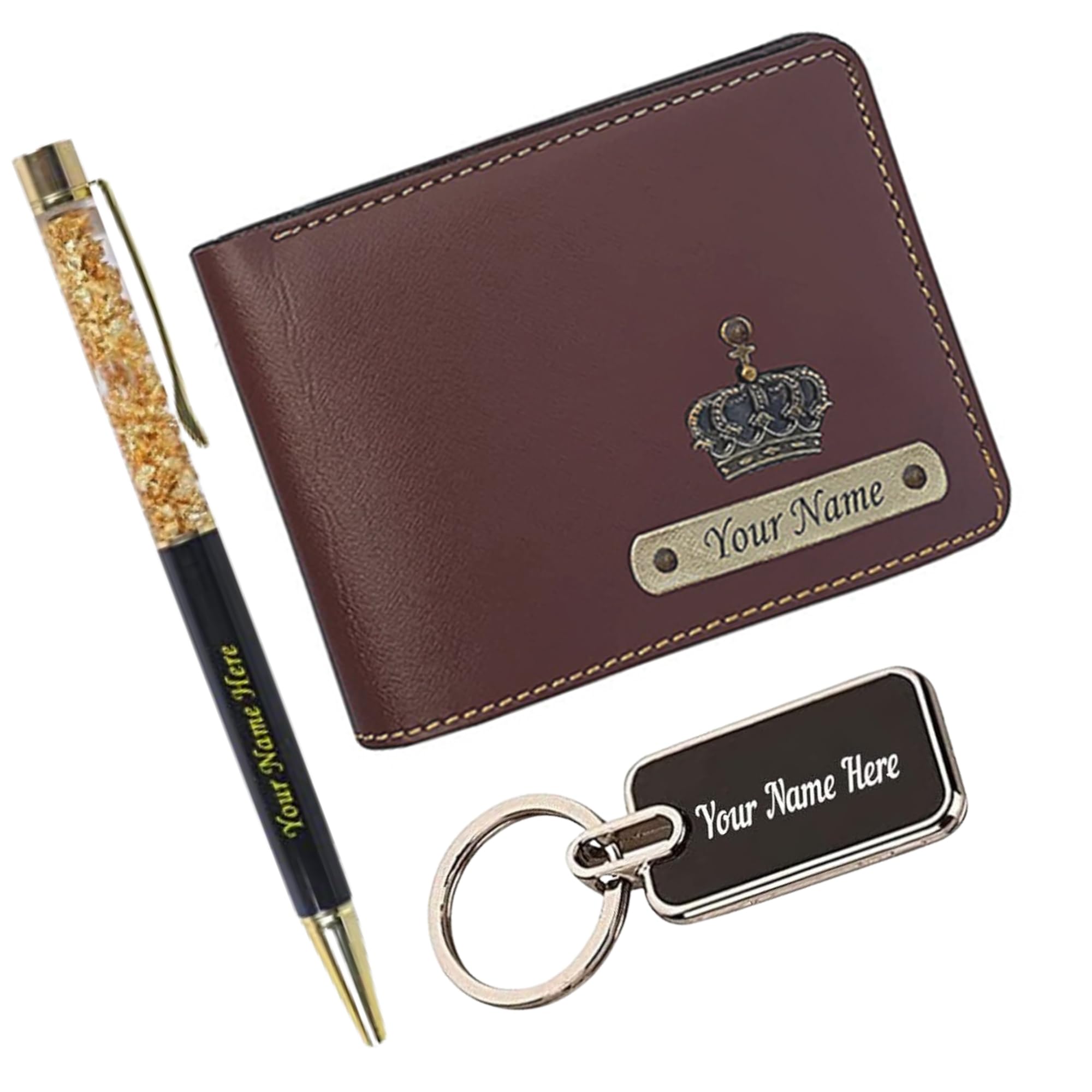 cybe Personalized Wallet Pen Keychain Combo for Men | Custom Name Engraved Faux Leather Wallet with Crystal Pen & Metal Keychain | Gift for Husband, Father, Brother, Boss, Boyfriend (Brown)-picture-51