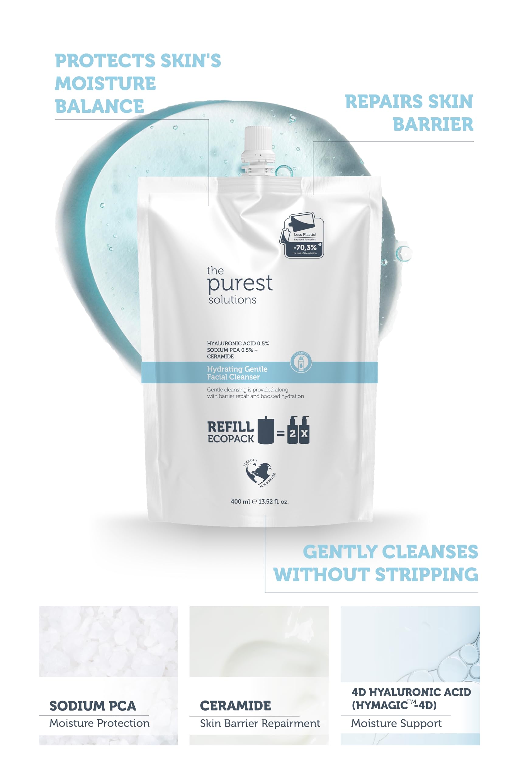 The Purest Solutions Nemlendirici Ve Bariyer Onarıcı Kuru Karma Ciltler Temizleme Jeli Ekolojik Yedek Paket 400 ml
