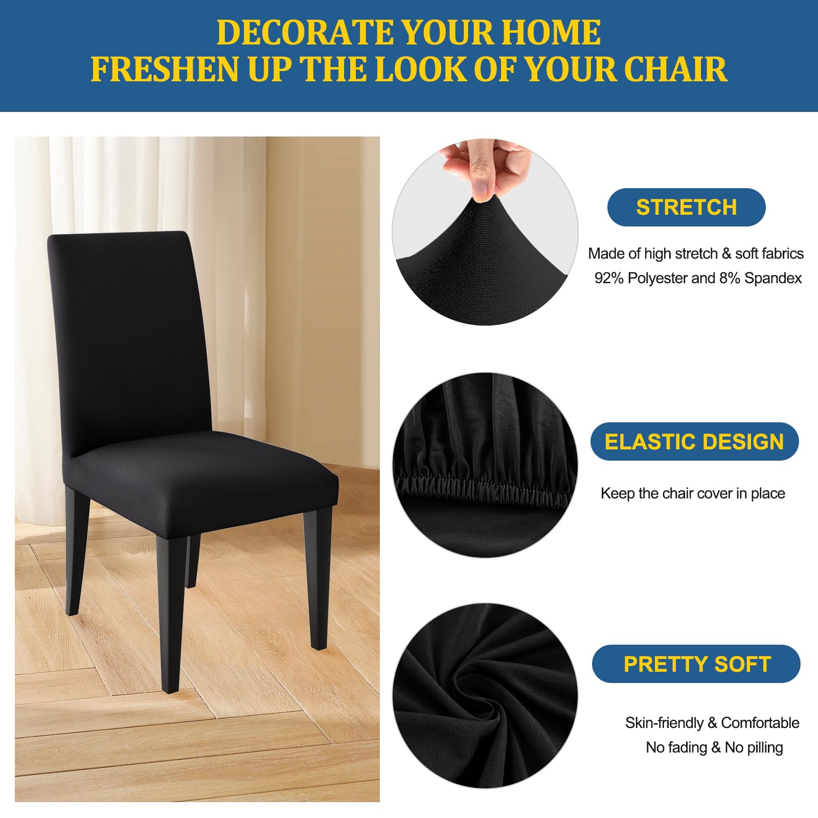 Dioxide Coprisedie con Schienale 4 Pezzi, Sedia Bi-Elastico per Una Misura Universale, Molto Facile da Pulire e Resistente, Coprisedile, Office, Arredamento Ristorante - Nero