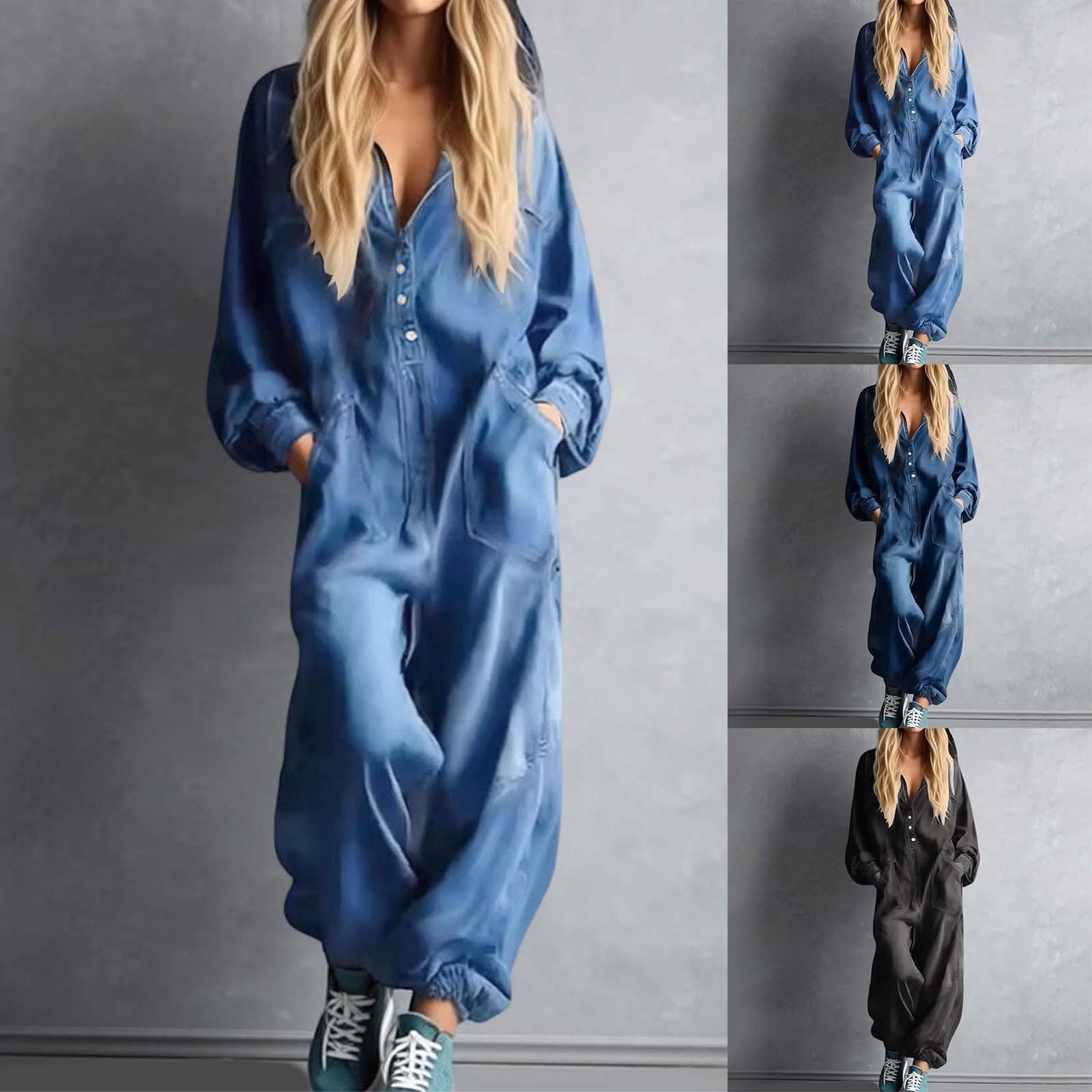 Combinaison en jean pour femme à manches longues - Décontractée - Coupe ample - Jambe large avec boutons et poches - Couleur unie - Pour les vacances, les loisirs, la vie quotidienne DéContracté