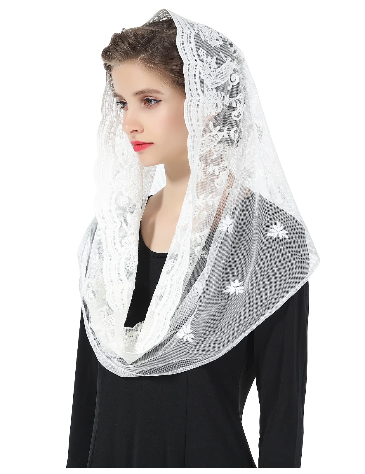 Beautelicate Women's Off-White Infinity Mantilla Veil Catholic Church Latin Mass Holy Communion Religious Ceremony Head Cover Formal Lace Scarf Off White