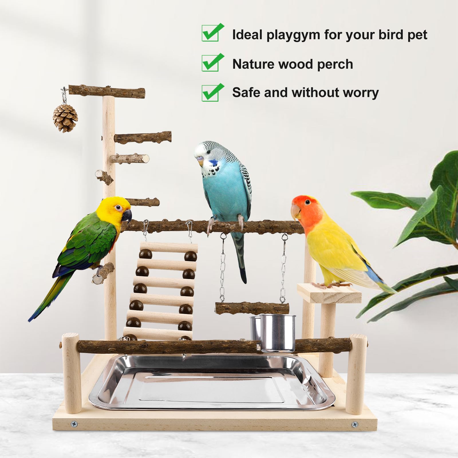Loro Juegos para loros, Pinguelli, Calopsitte, Guacamayo, Parque de juegos de madera, Trespolo con tazas y bandeja, Fringe