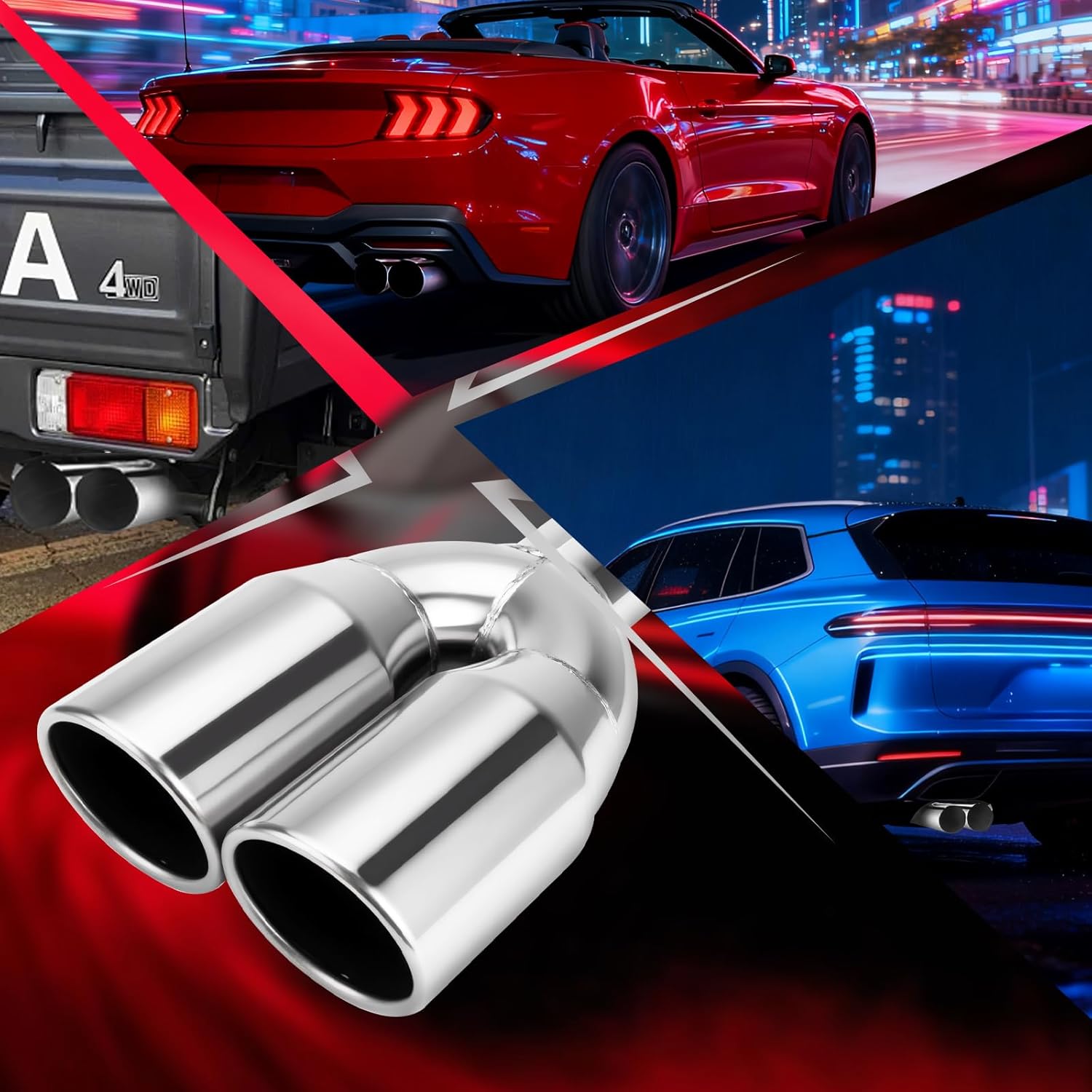 A-KARCK Dual Exhaust Tip 2.25 Inch Inlet 3.5" Dual Outlet 12.5" Overall Length Polished Stainless Weld-On Duo Layer Angle Exhaust Tailpipe Tips for Car Truck